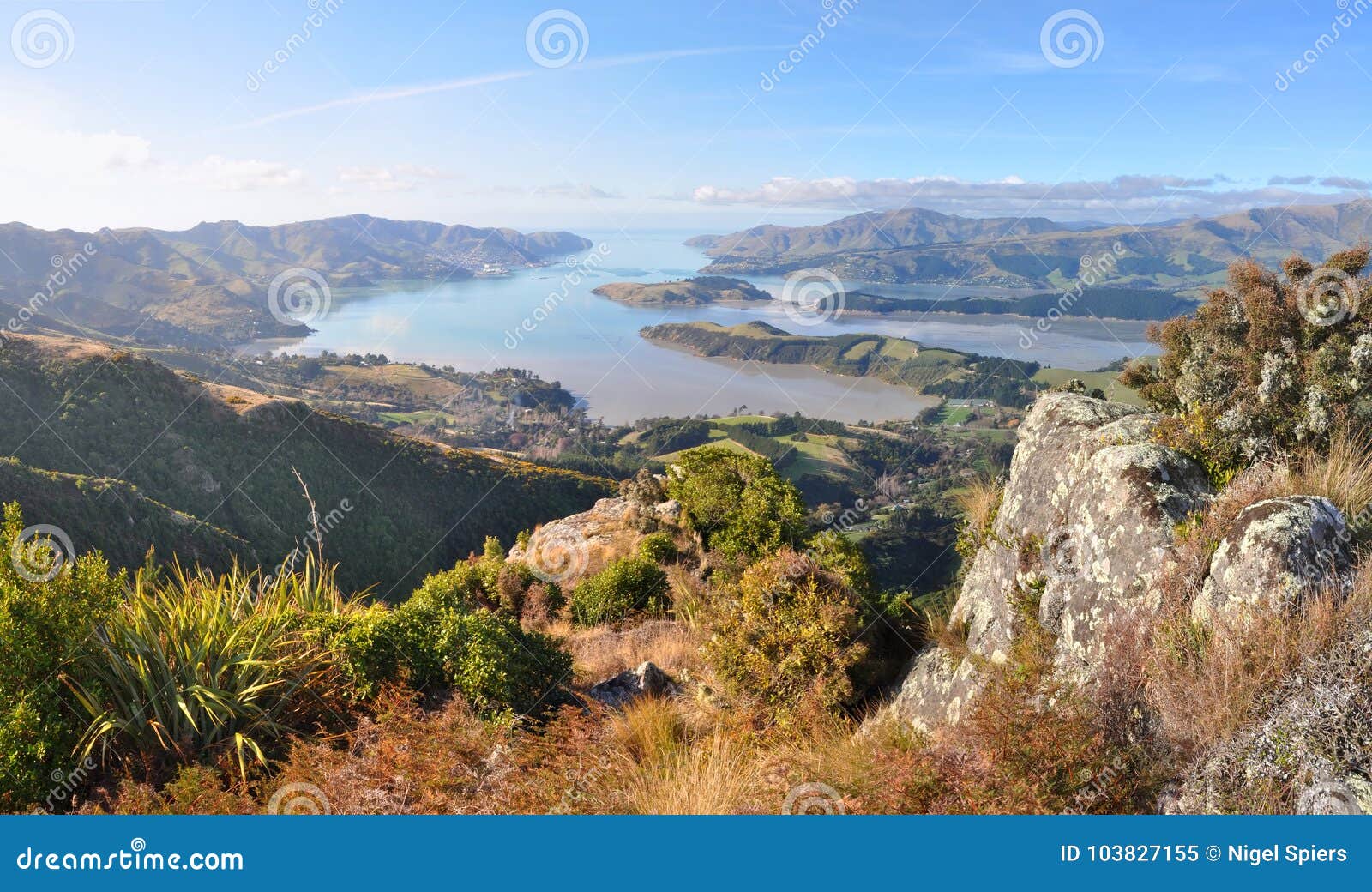 lyttelton harbour panorama, christchurch, new zealand.