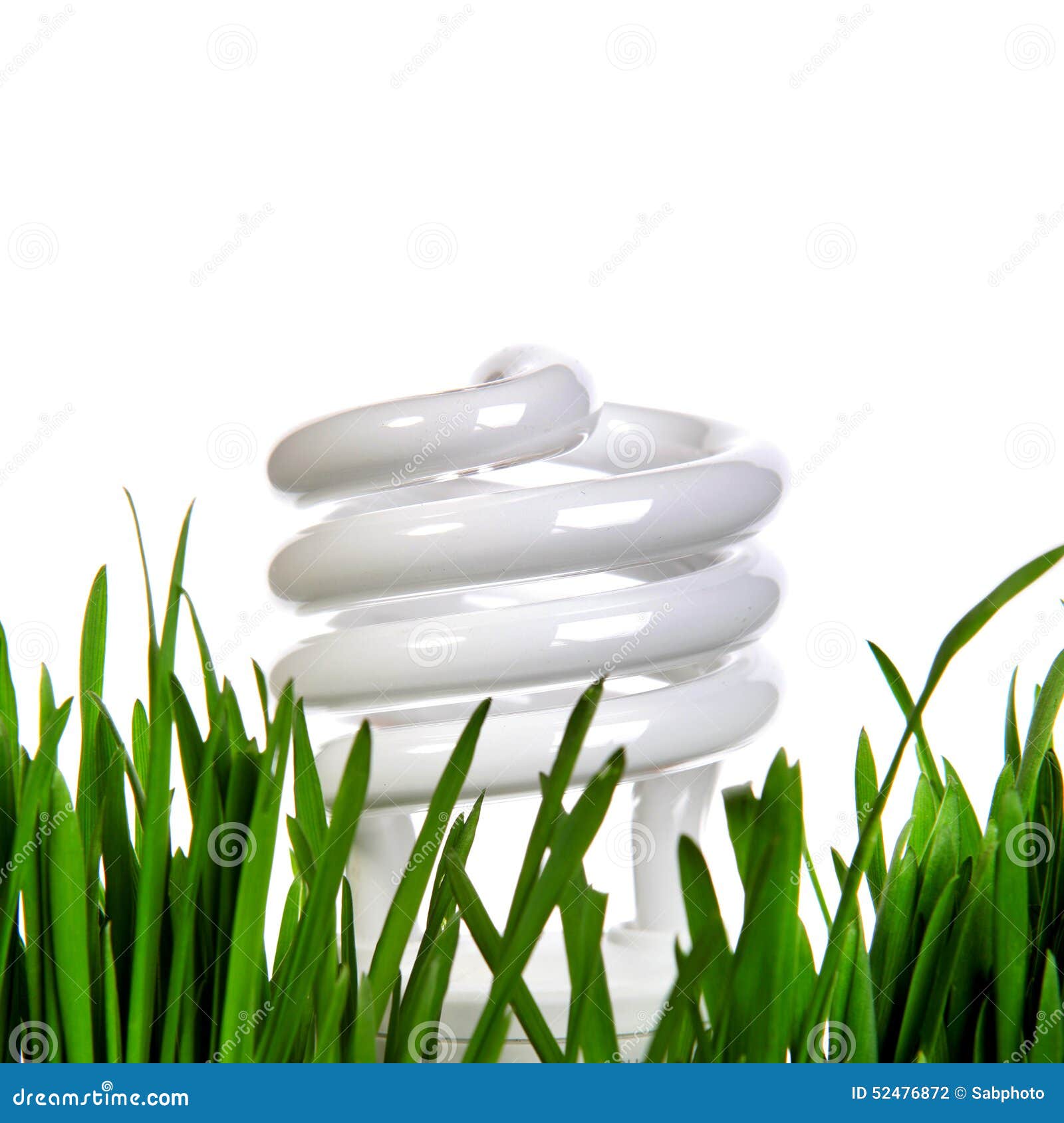 Lámpara ahorro de energía en la hierba en el fondo blanco
