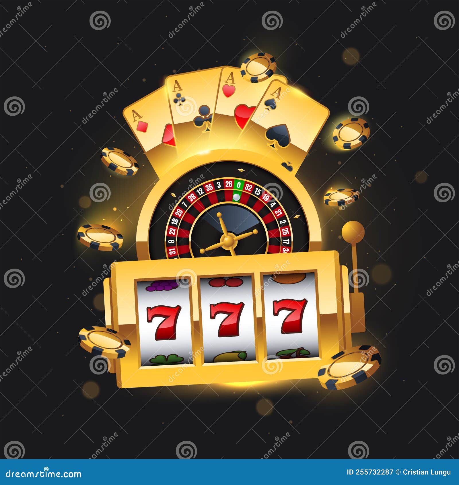 Jogo de casino online com texto dourado e máquina de roleta