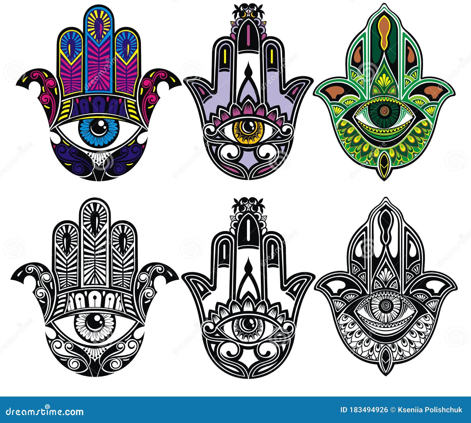 Um conjunto de tatuagens de mão hamsa.