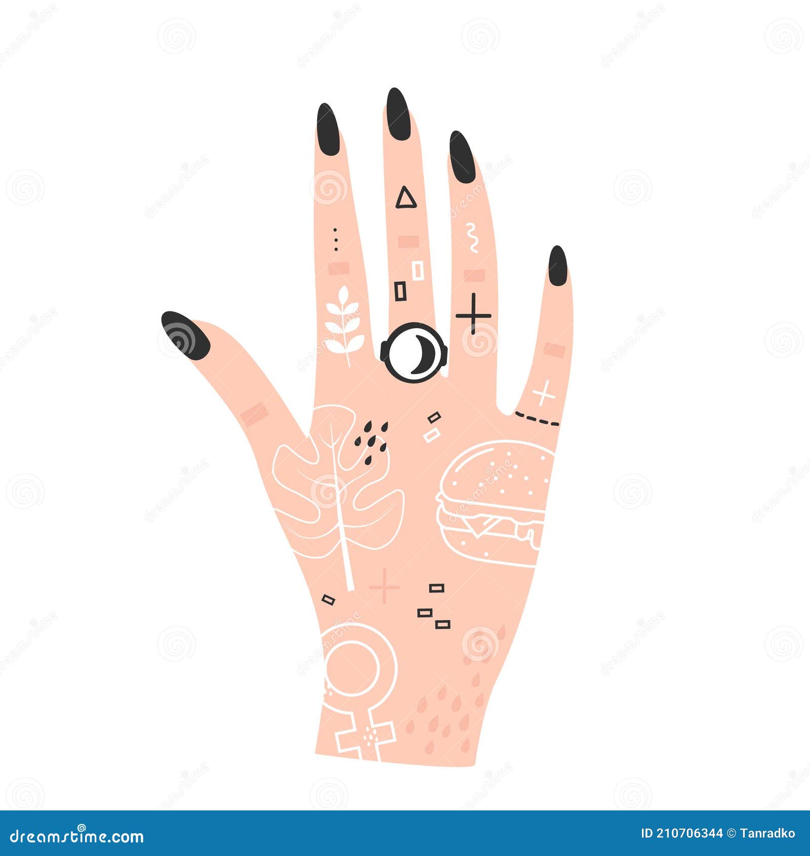 Mão feminina com tatuagens ilustração do vetor. Ilustração de estiloso -  210706344