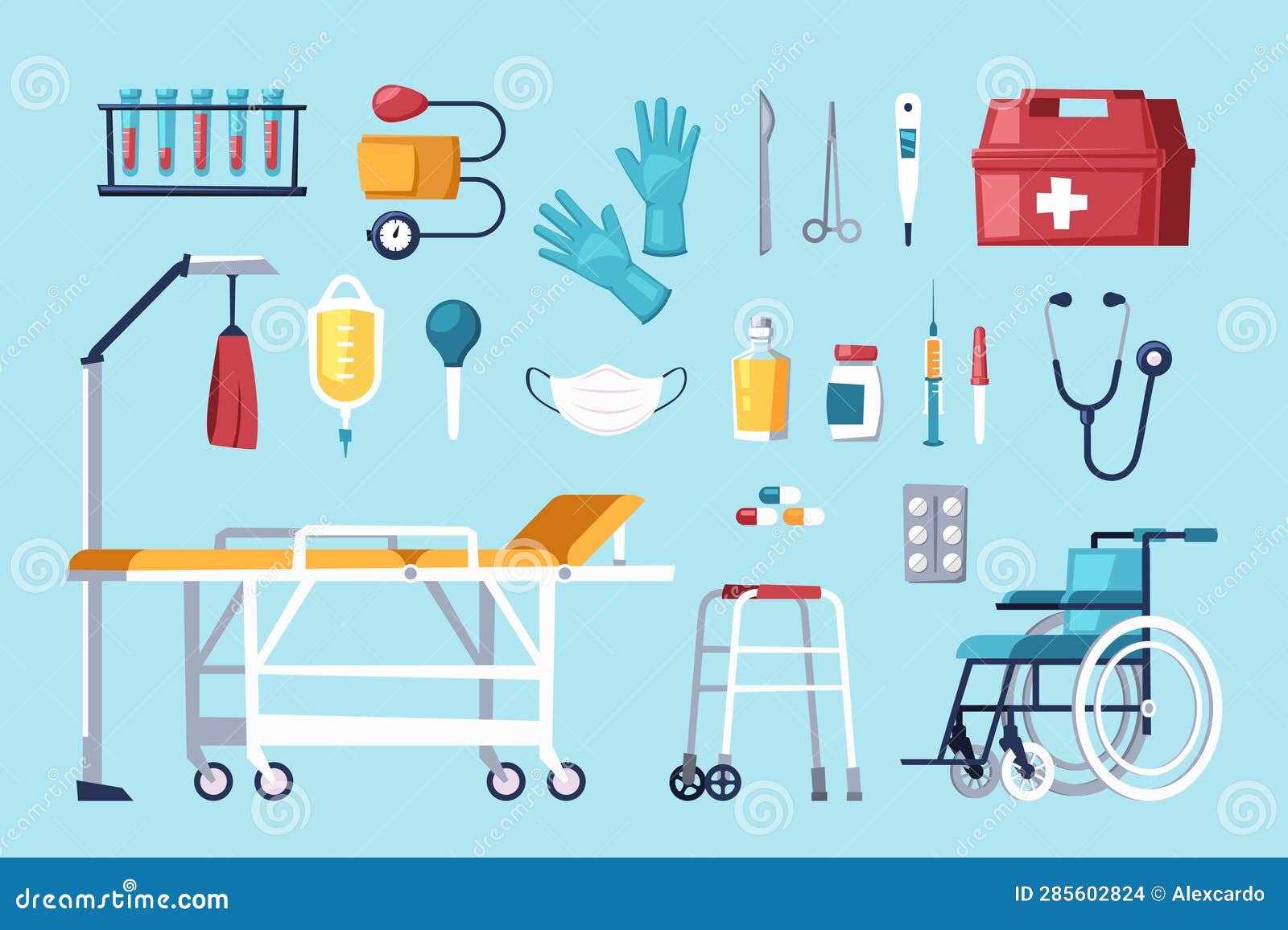 Um desenho animado de uma médica com um conjunto de itens médicos