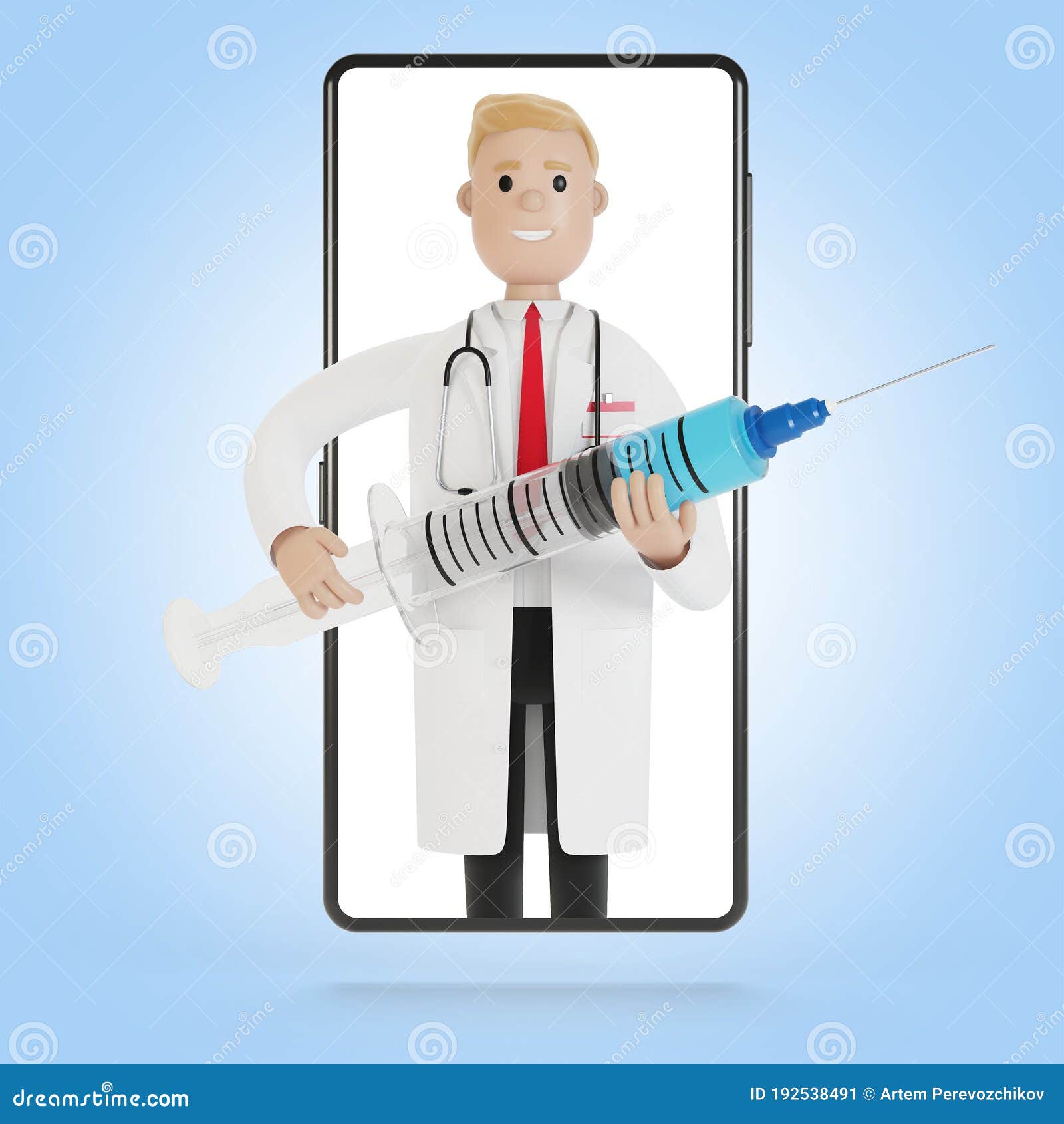 Médico Masculino Con Una Jeringa Grande En La Pantalla Del Smartphone.  Stock de ilustración - Ilustración de especialista, internet: 192538491