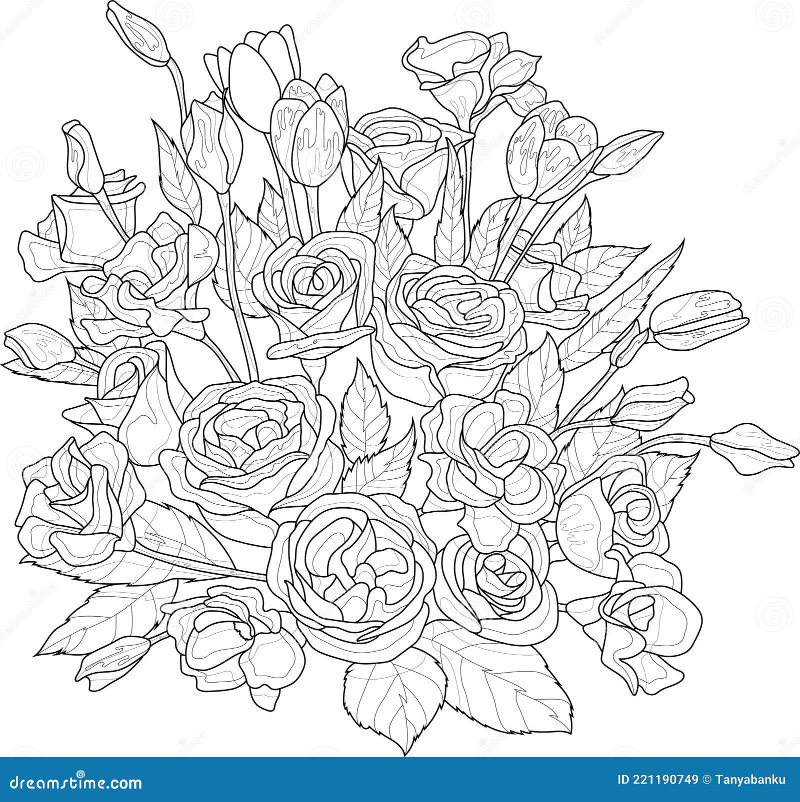 Bouquet De Fleurs Dessin Realiste Mélange Réaliste Bouquet De Fleurs Avec Anemone Fleurs Rose Et Feuilles Modèle De Croquis. Dessin Animé En Noir Et Blanc Illustration de Vecteur - Illustration du illustration, composition: 221190749