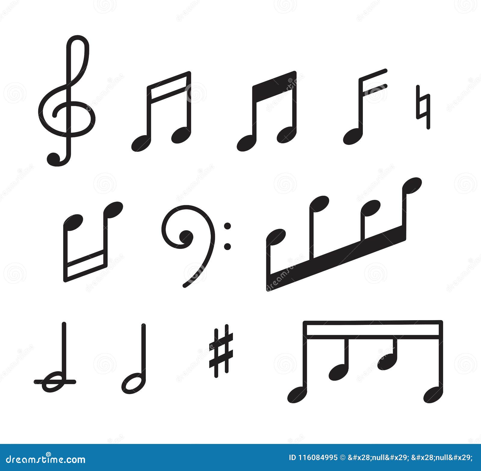 Ilustração Do Vetor Notas Musicais E Pausas. Símbolos De Música Preto  Isolado No Branco. Música Sinal De Notação Definida. A Entrega Das Chaves  Musical. Clef Notação Ilustraciones svg, vectoriales, clip art vectorizado