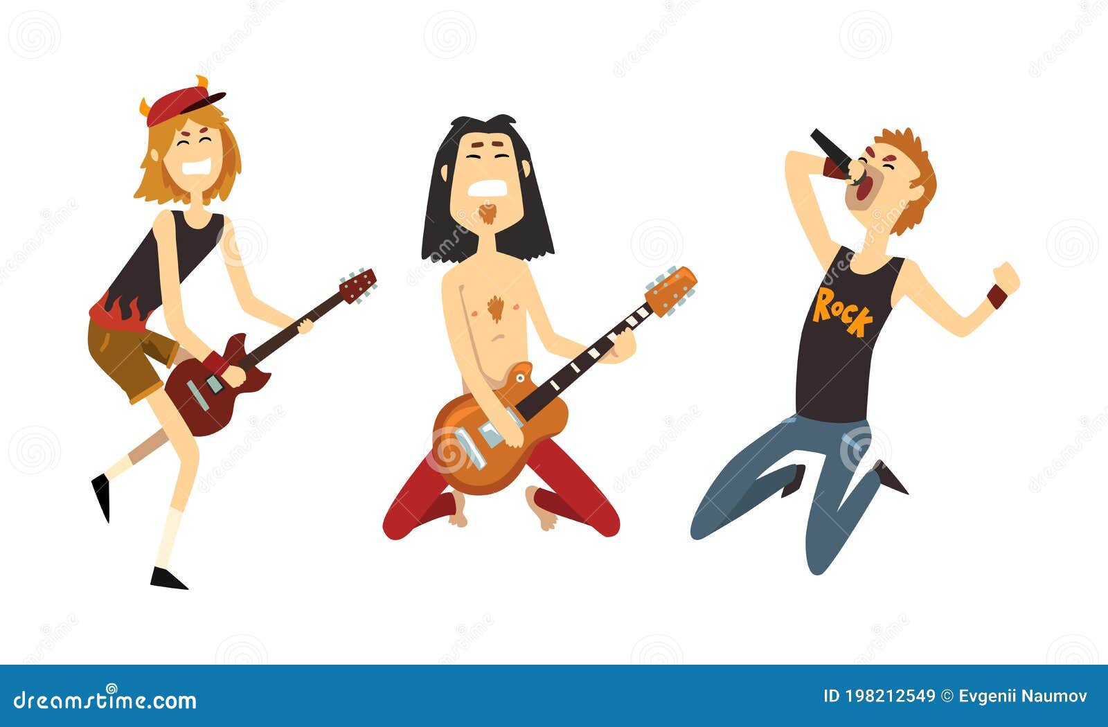 Festa dos roqueiros. músicos de desenho animado com guitarras elétricas,  conceito de apresentação no festival de música rock, ilustração vetorial de  banda criativa de cantores isolados no fundo branco