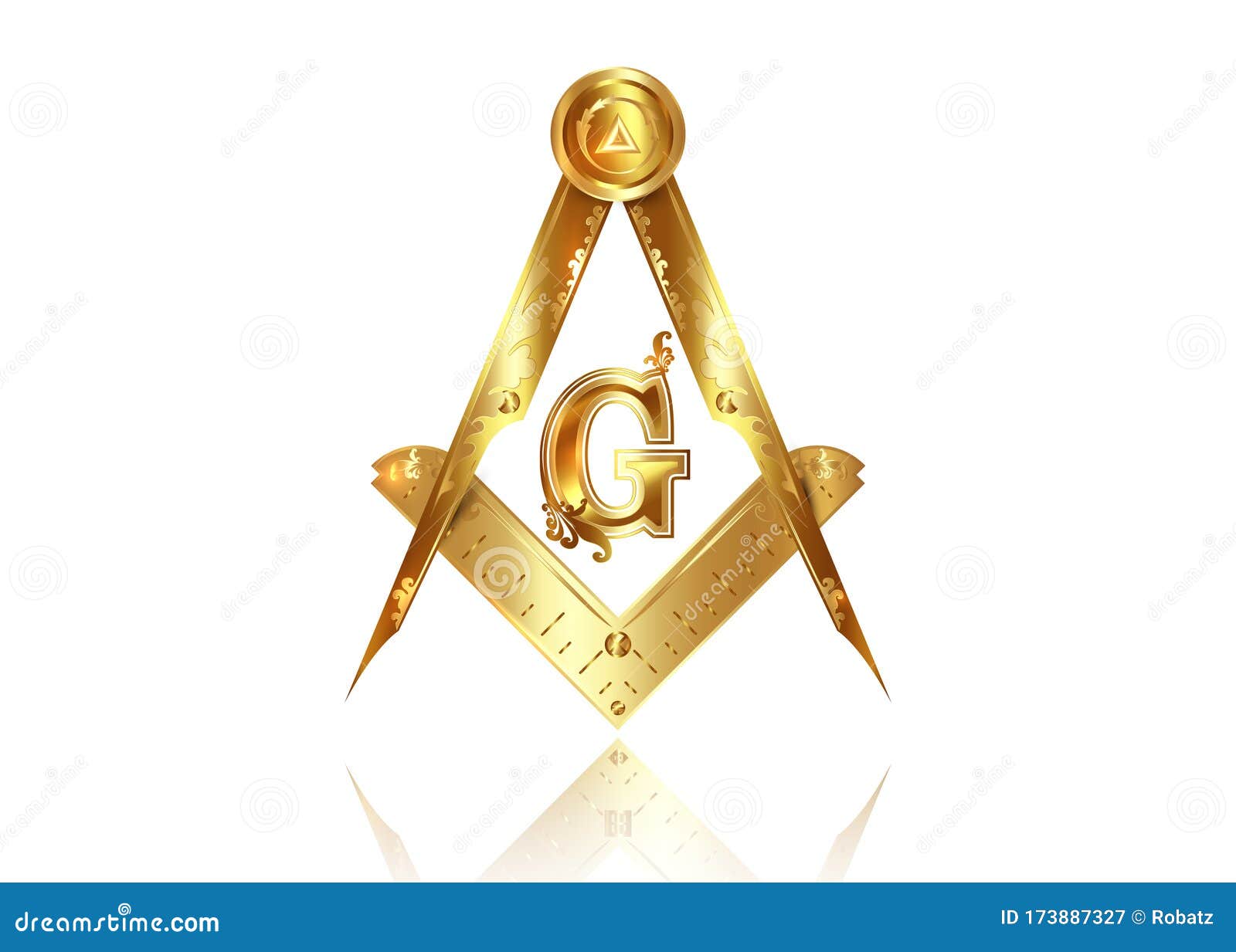 Freemasonry Emblem, Gold Masonic Square and Compass Symbol. All Seeing