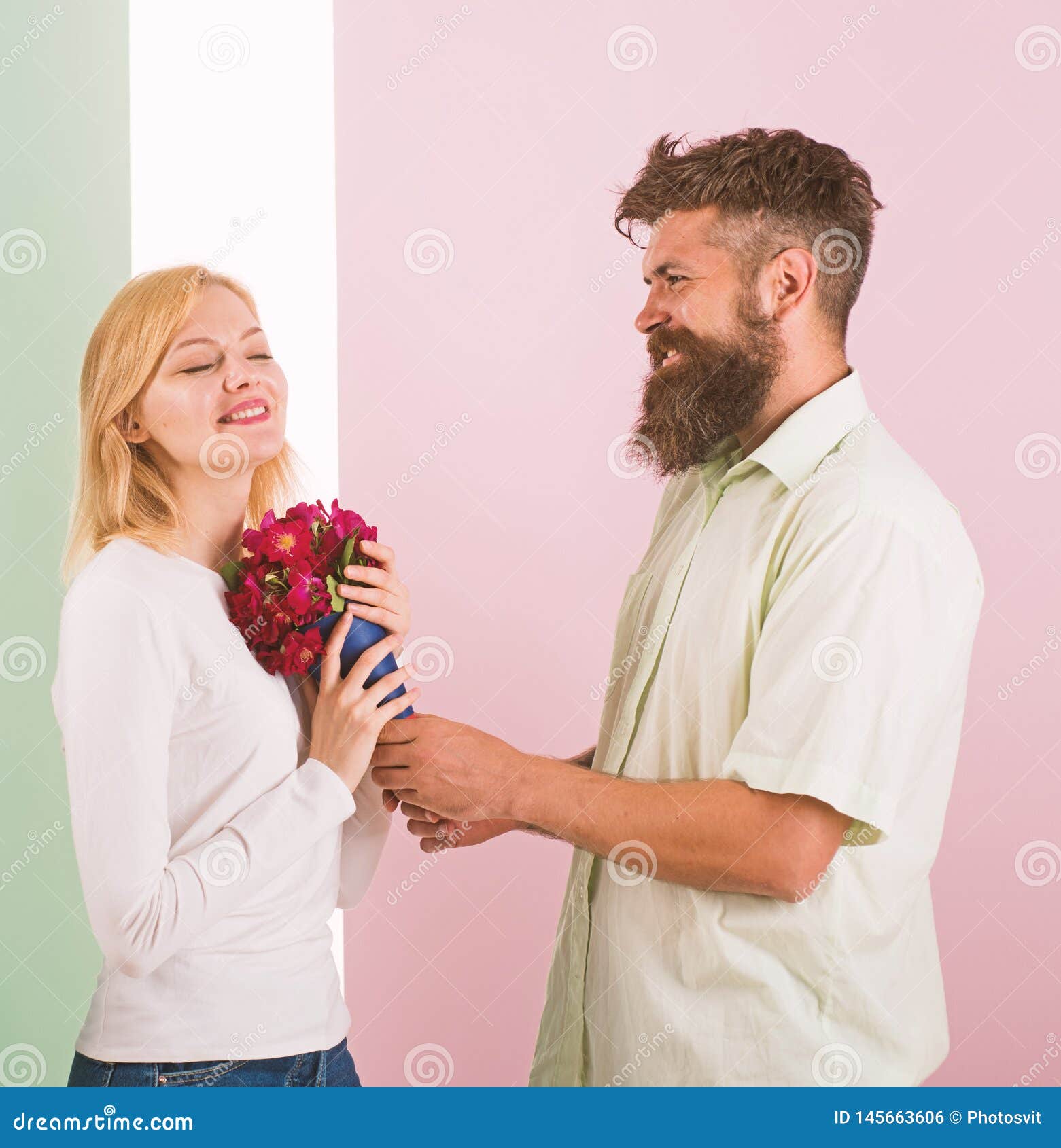 Man With Beard Congratulates Woman Birthday Anniversary Holiday Hipster Bearded Give Bouquet