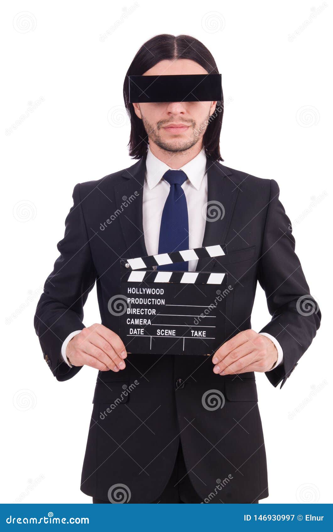 The man with movie board on white