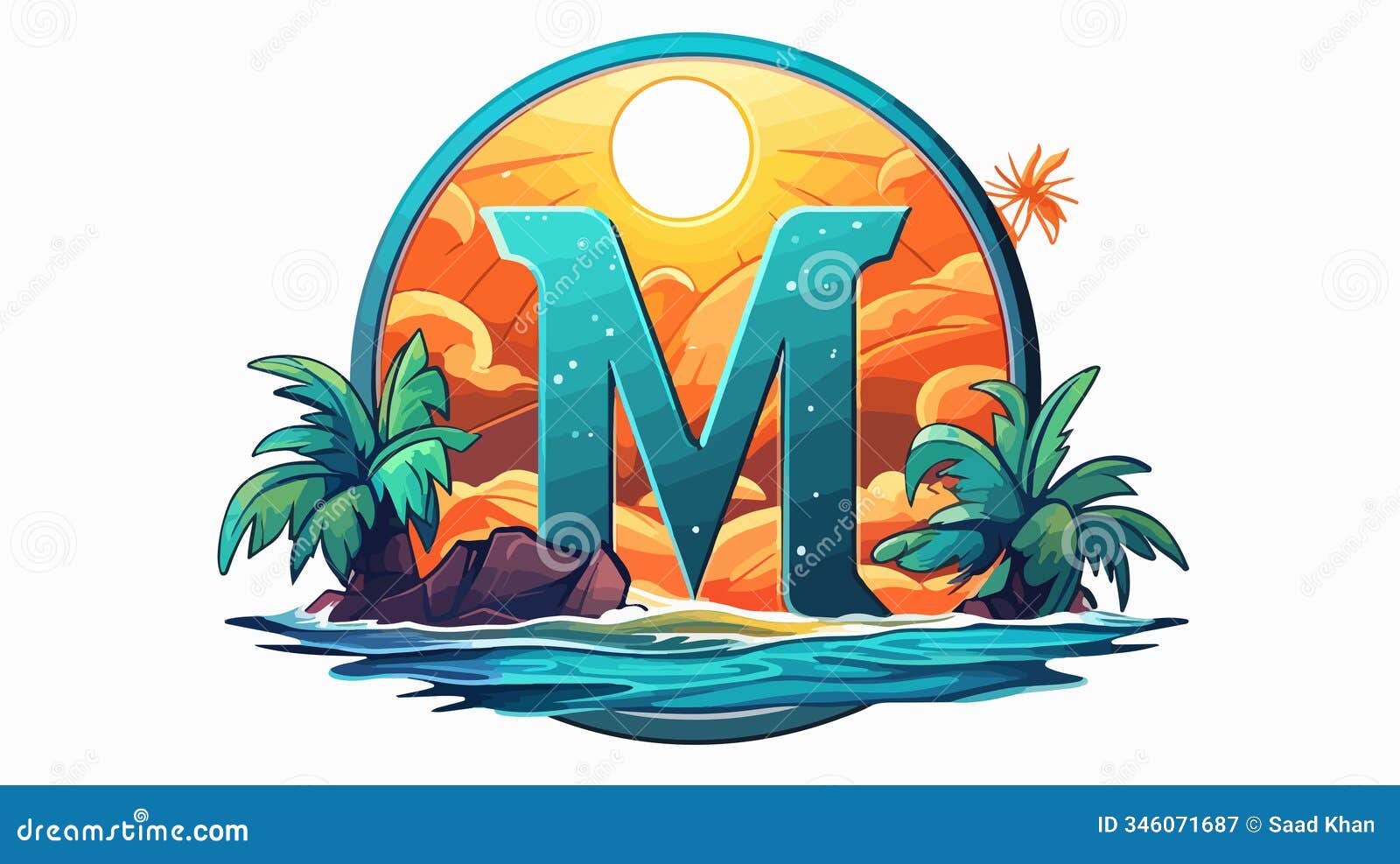m letter logo with sun and sea theme 