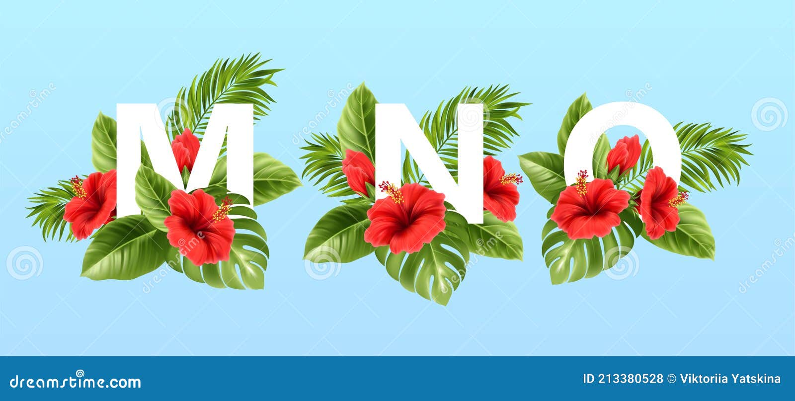 m n o letters surrounded by summer tropical leaves and red hibiscus flowers. tropical font for summer decoration. 