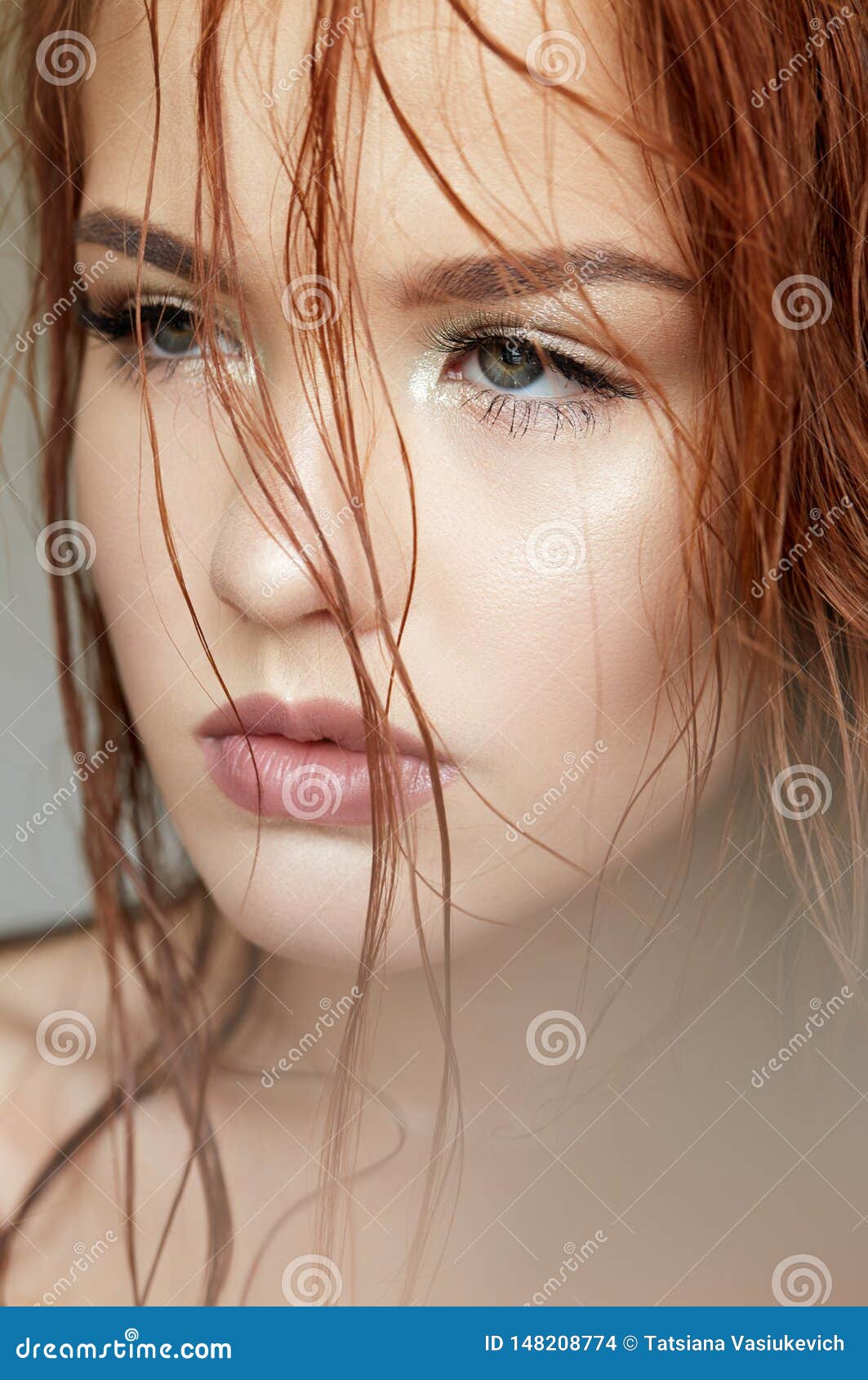 Young Girl In A Gentle Way And Red Hair Beautiful Model With Shining 