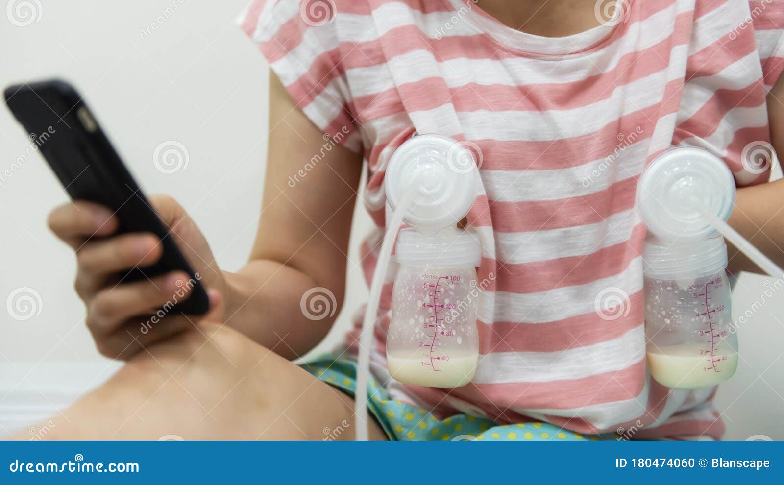 Mom Pump Breastmilk And Play Phone Stock Photo Image Of Container