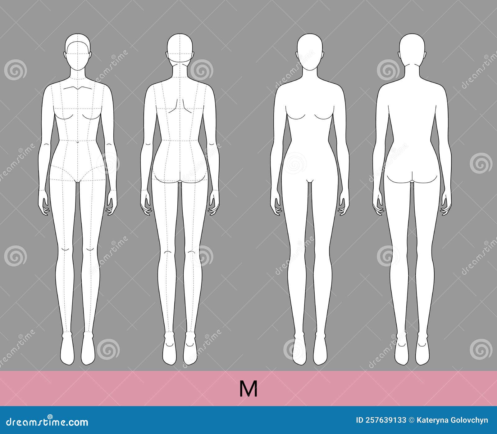 m size women fashion template 9 nine head croquis lady with and without main lines model skinny body figure front back