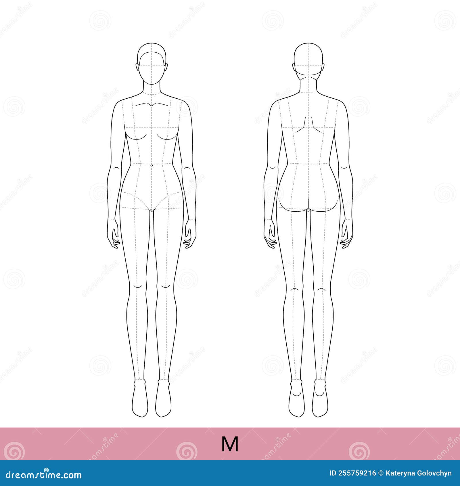 m size women fashion template 9 nine head croquis lady model with main lines skinny body figure front back view. 