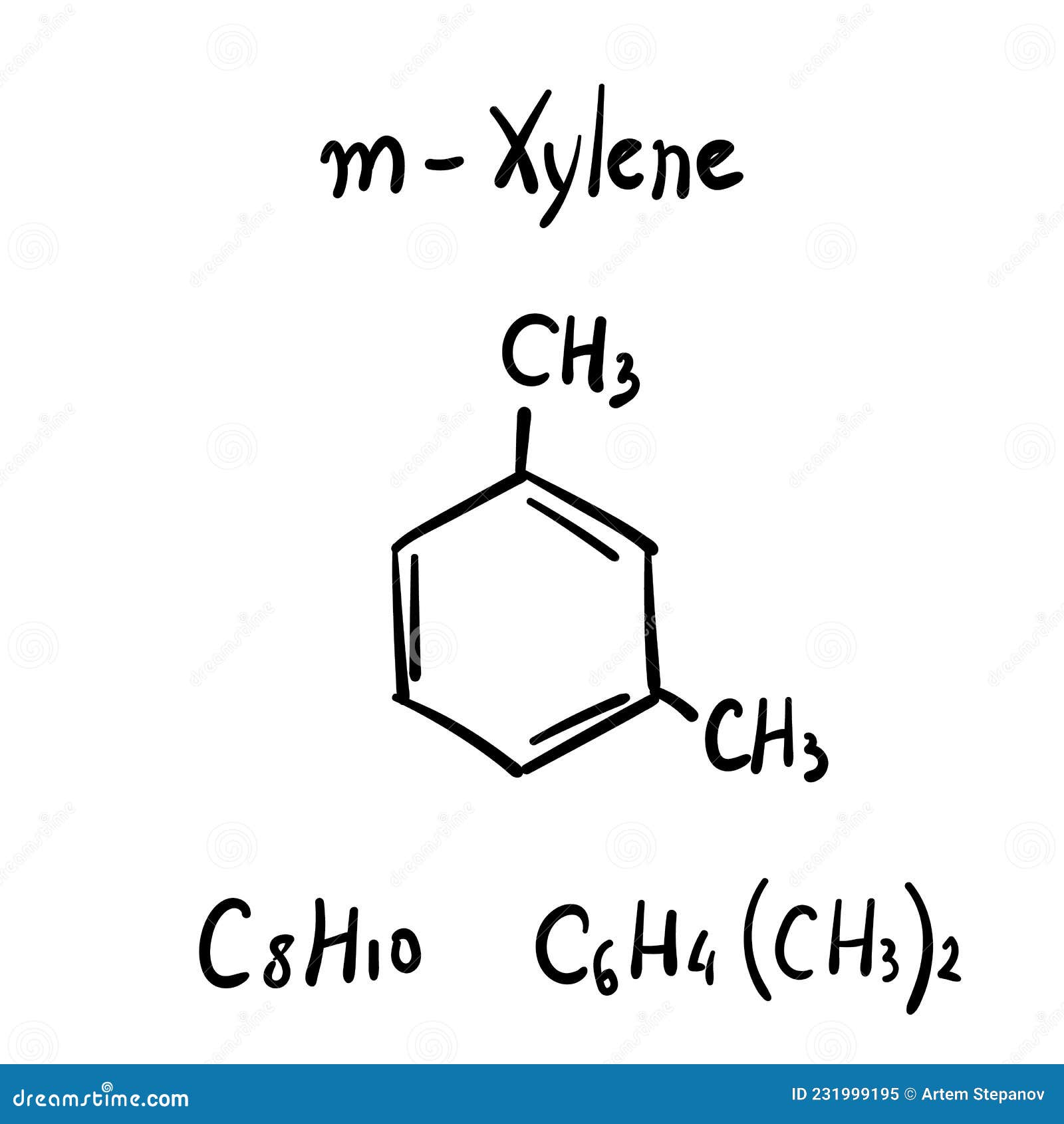 m-xylene molecule formula hand drawn imitation