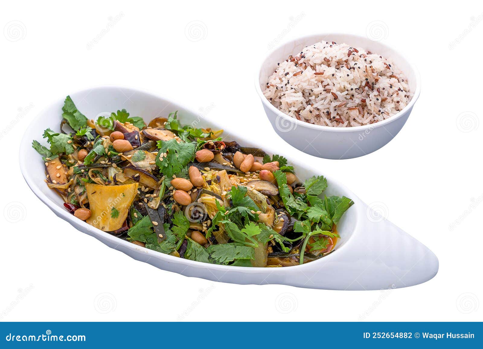Ma La Xiang Guo with Rice Served in a Dish Isolated on Plain White Background Side View Stock