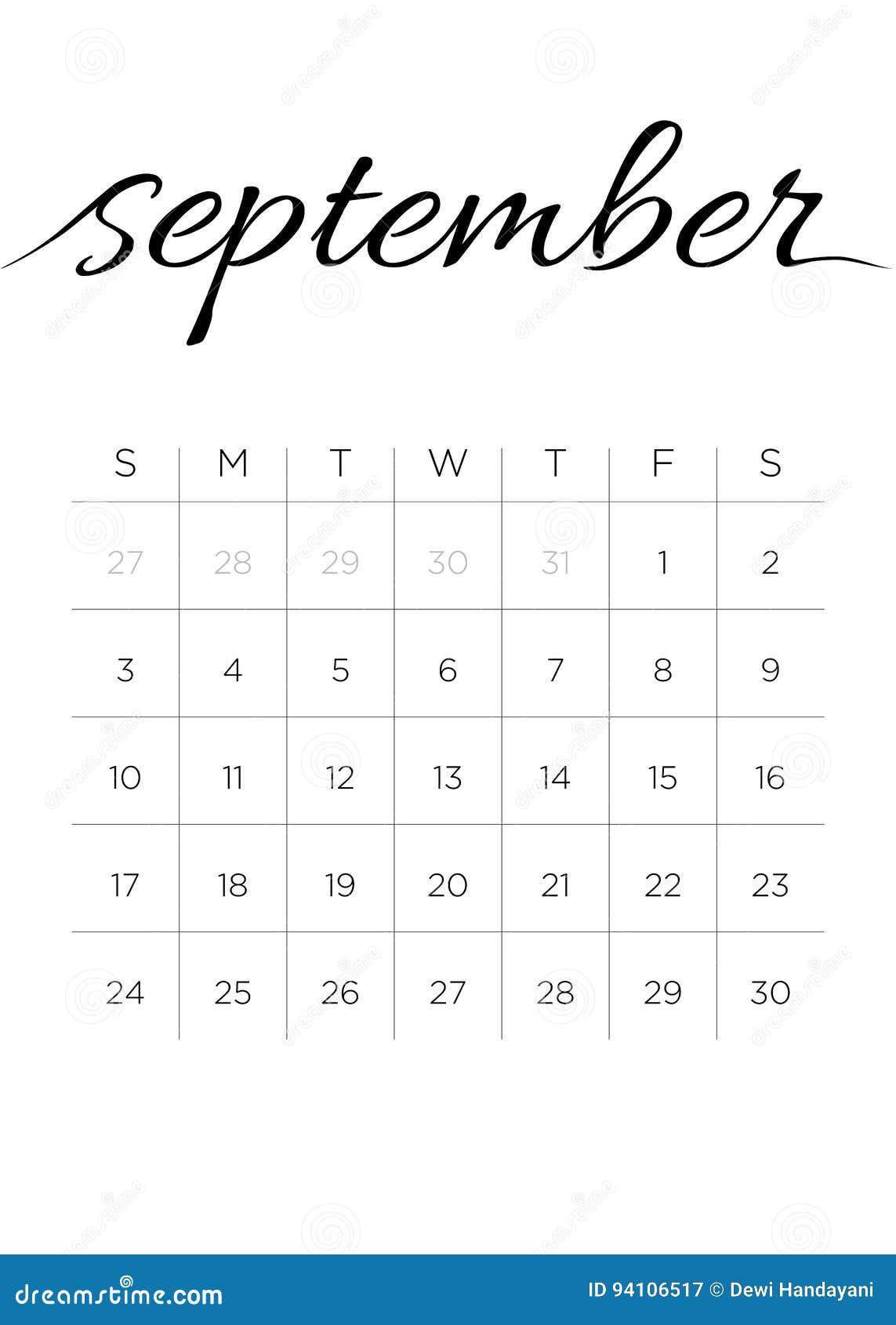 Maandelijkse Kalender September 2017 Vector Illustratie - Illustration Of Bewerkbaar, Zwart: 94106517