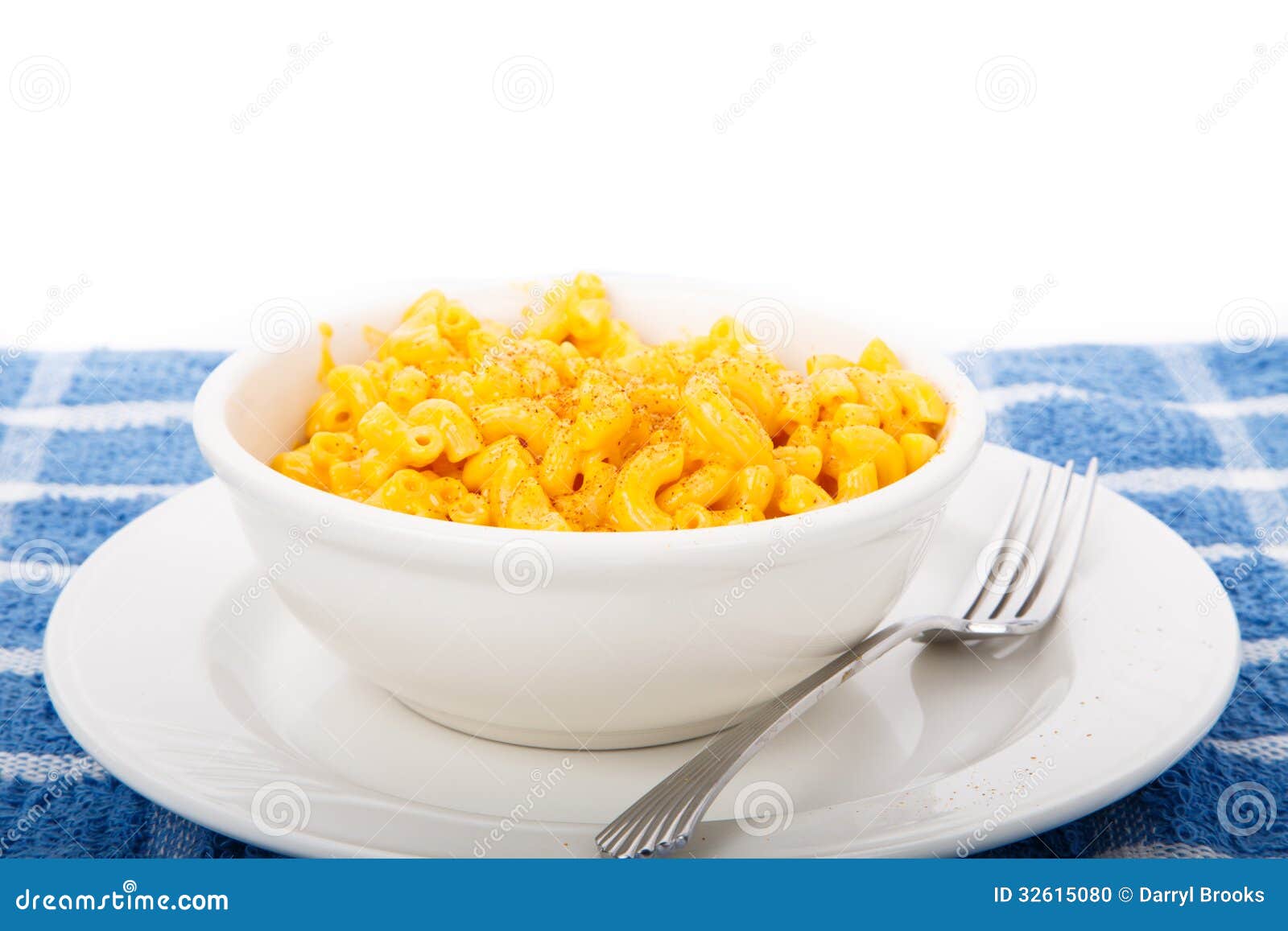 mac cheese white bowl macaroni made packaged mix blue placemat 32615080