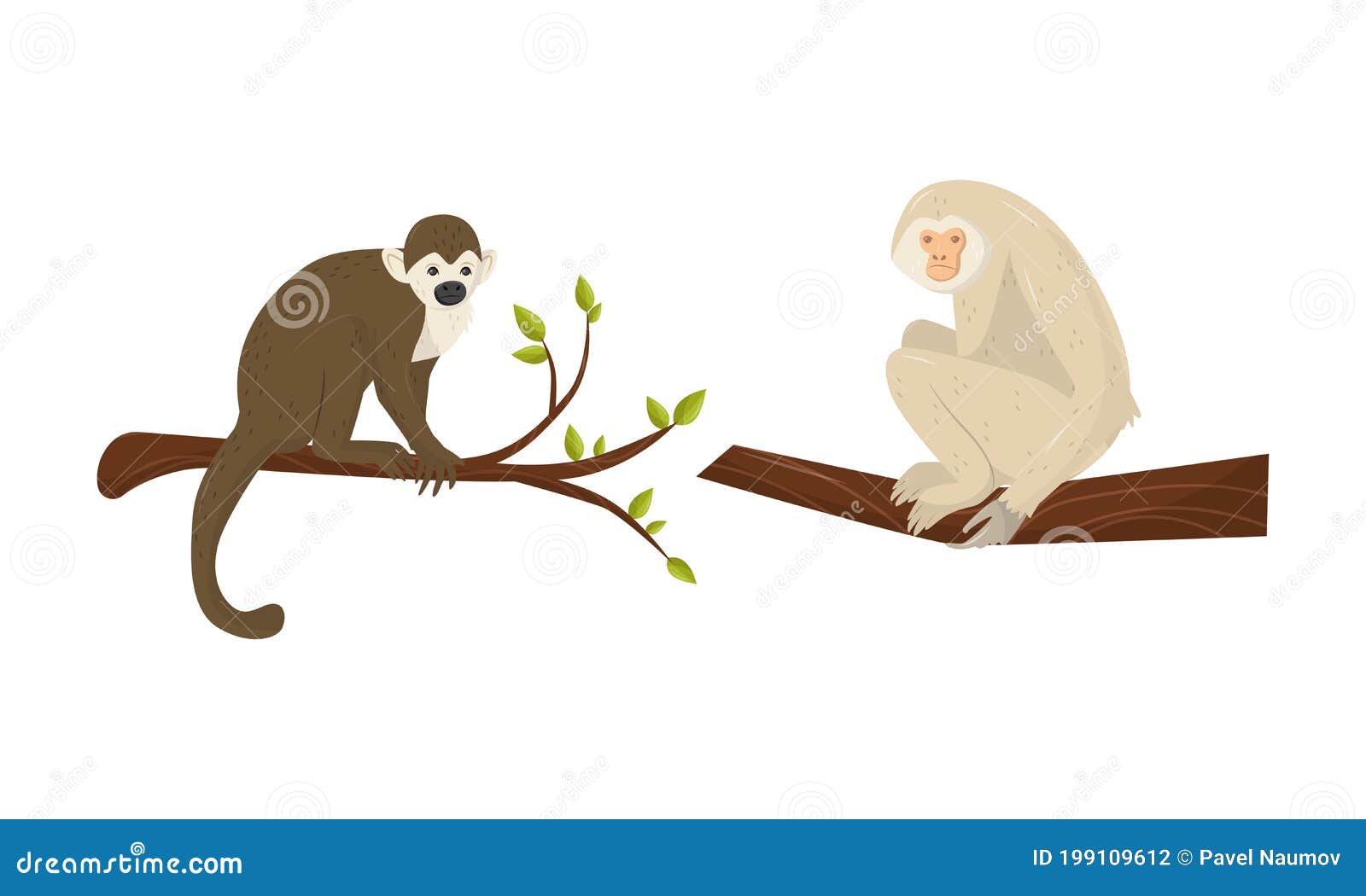 Macaco chimpanzé senta-se entre galhos de árvores com ilustração 3d de  folhagem verde