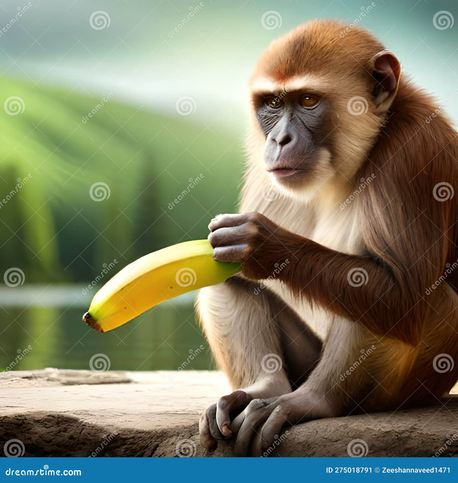 Macaco bonito comendo frutas de banana na ilustração de natureza