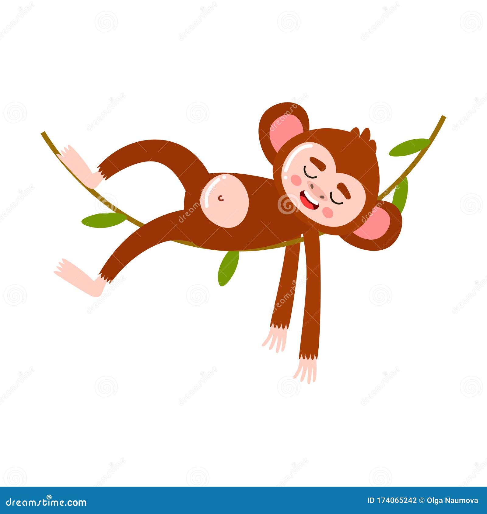 Macaco fofo dormindo na soneca na árvore isolada ilustração da