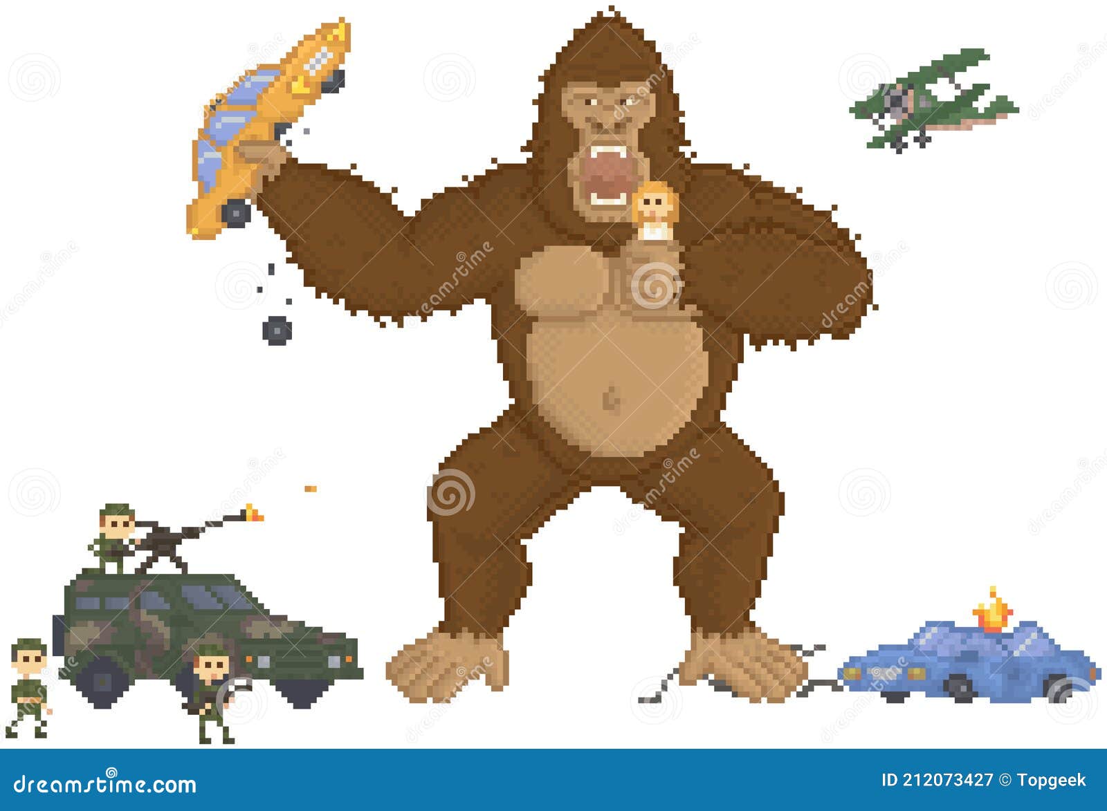 Macaco Gigante No Design Do Layout De Jogo De Pixel. Rei Kong Atacado Por  Militares No Veículo De Combate Ilustração do Vetor - Ilustração de velho,  kong: 212073427