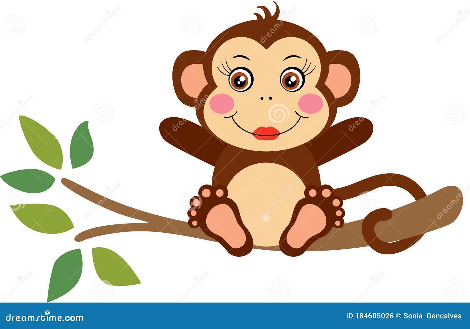Macaco de bebê dos desenhos animados, pendurado em um galho de árvore