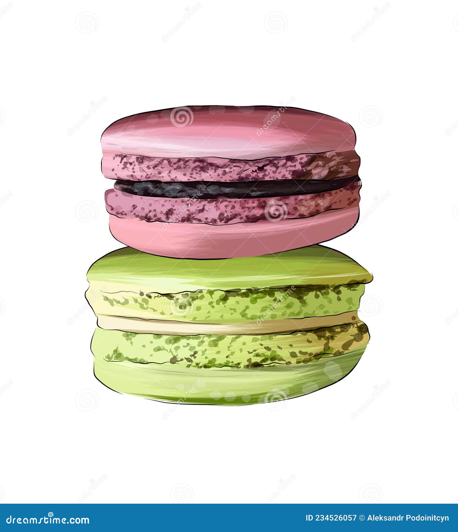 macaron, italian macaroni cake, french confection from multicolored paints. splash of watercolor, colored drawing