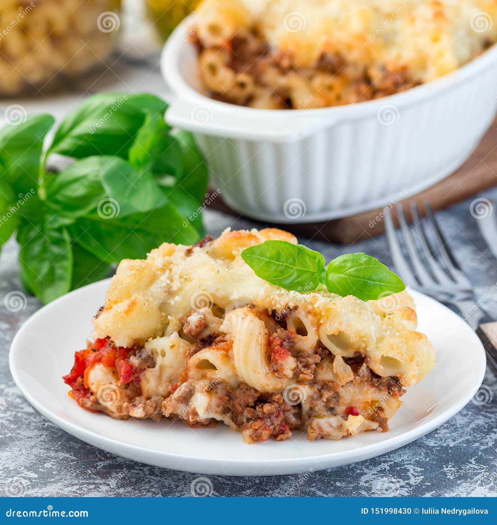 Macaroni Casserole with Ground Beef, Cheese and Tomato on Plate, Square