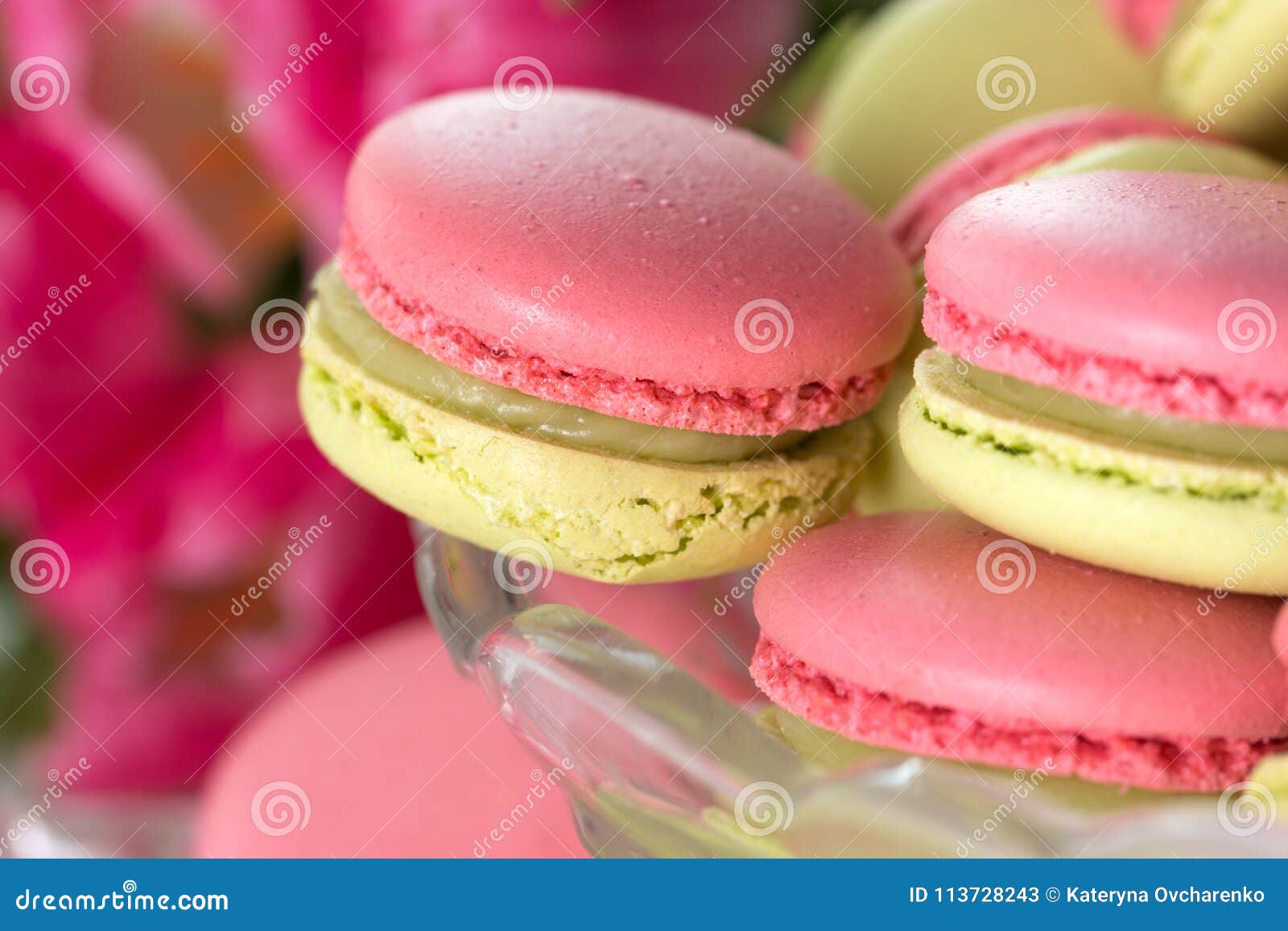 Francuz delikatności macaroons rozmaitości słodki zbliżenie macaroon colourful tekstura Słodcy macarons i kwiaty