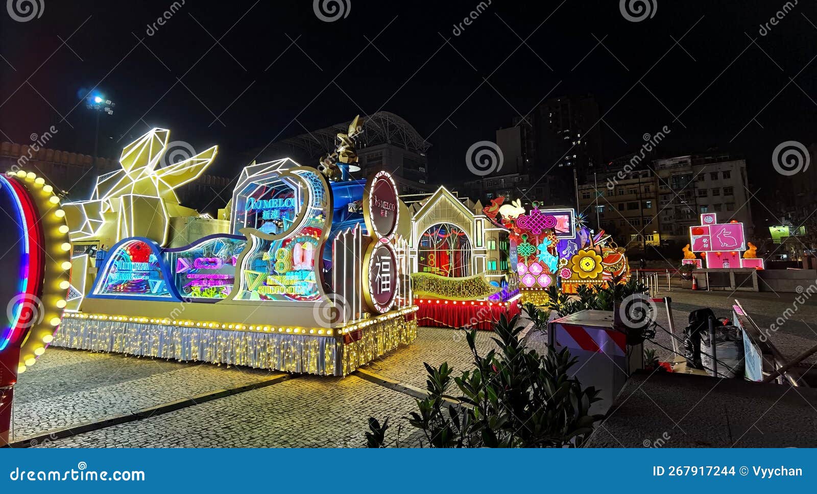 chinese new year parade float display and fireworks