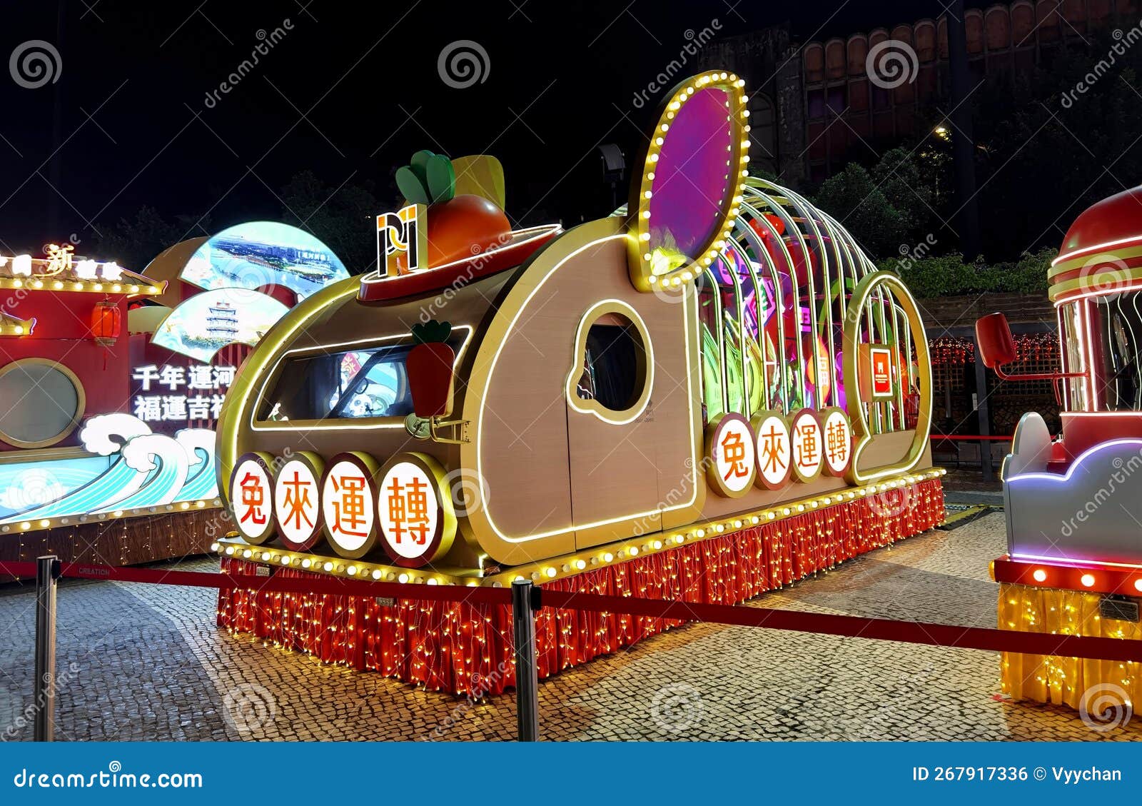 chinese new year parade float display and fireworks