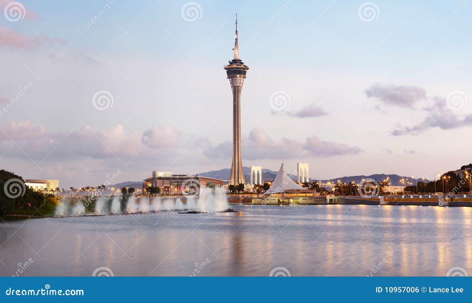 macau tower by waterfront of macao, china