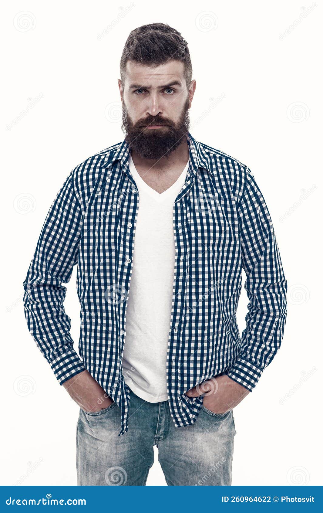 Homem de camisa xadrez casual homem bonito com barba e