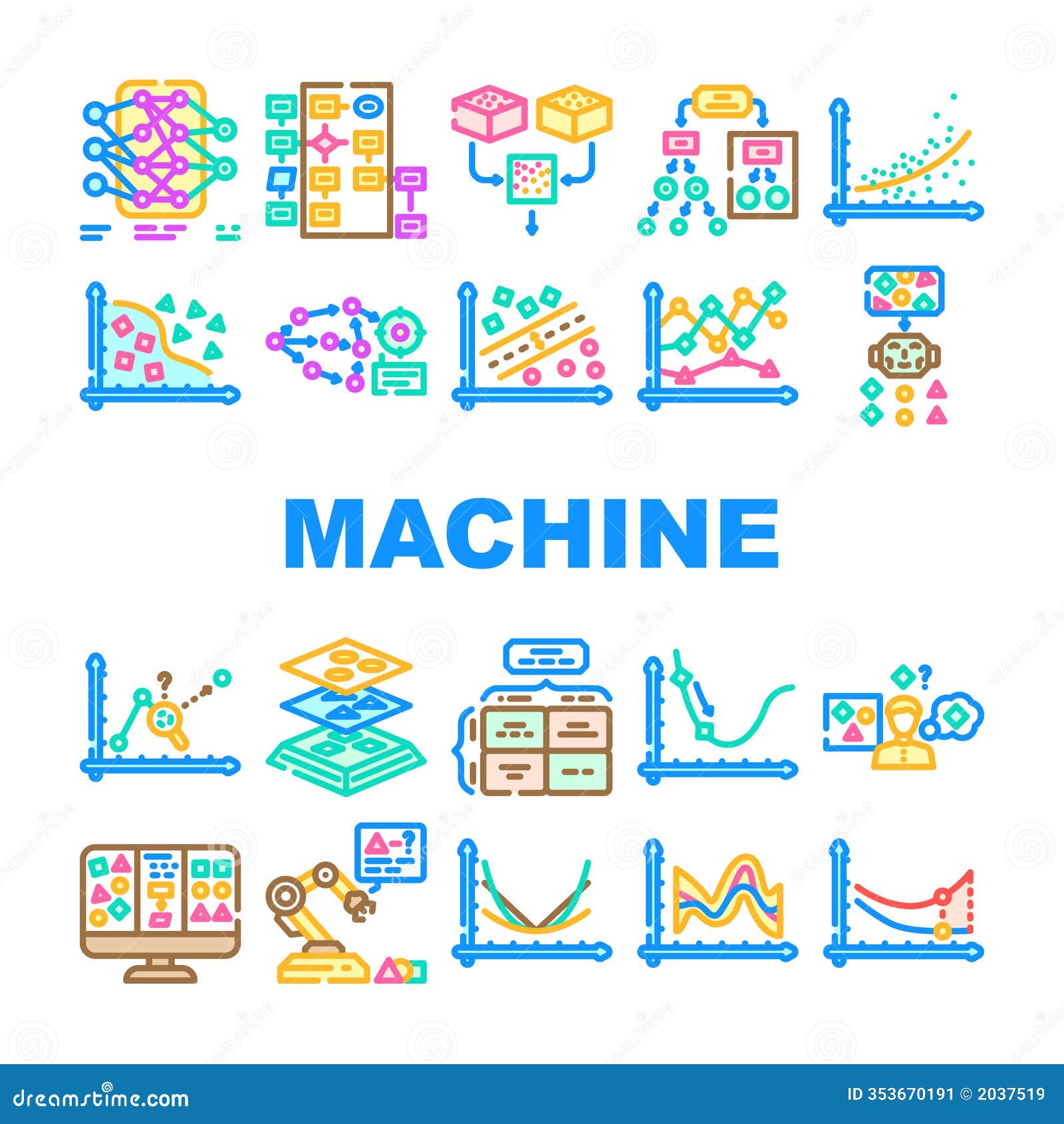 Machine Learning Algorithm Model Icons Set Vector Stock Image - Image ...
