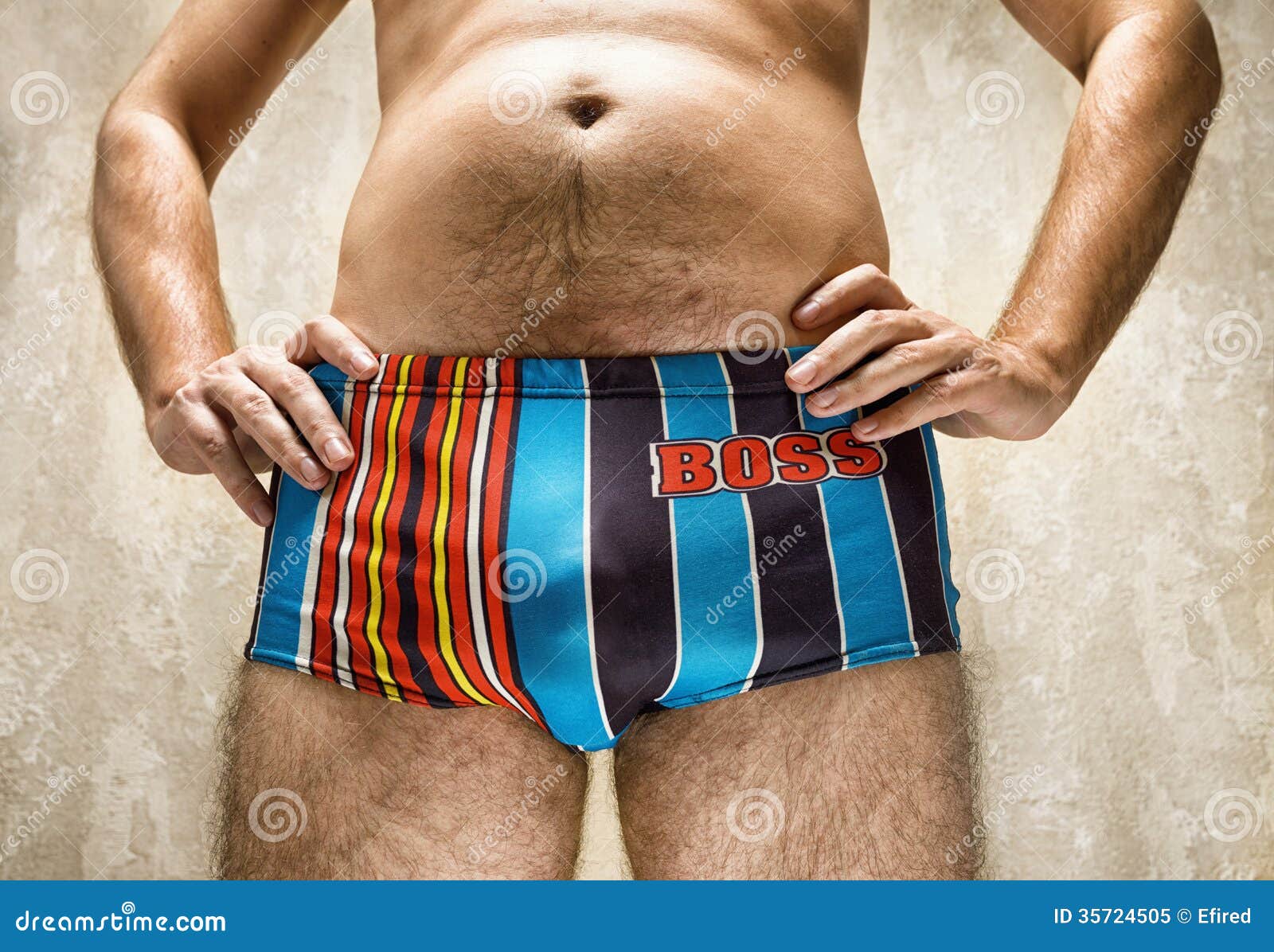 Macho Man in Funny Swimming Trunks Stock Image - Image of pride, handsome:  35724505