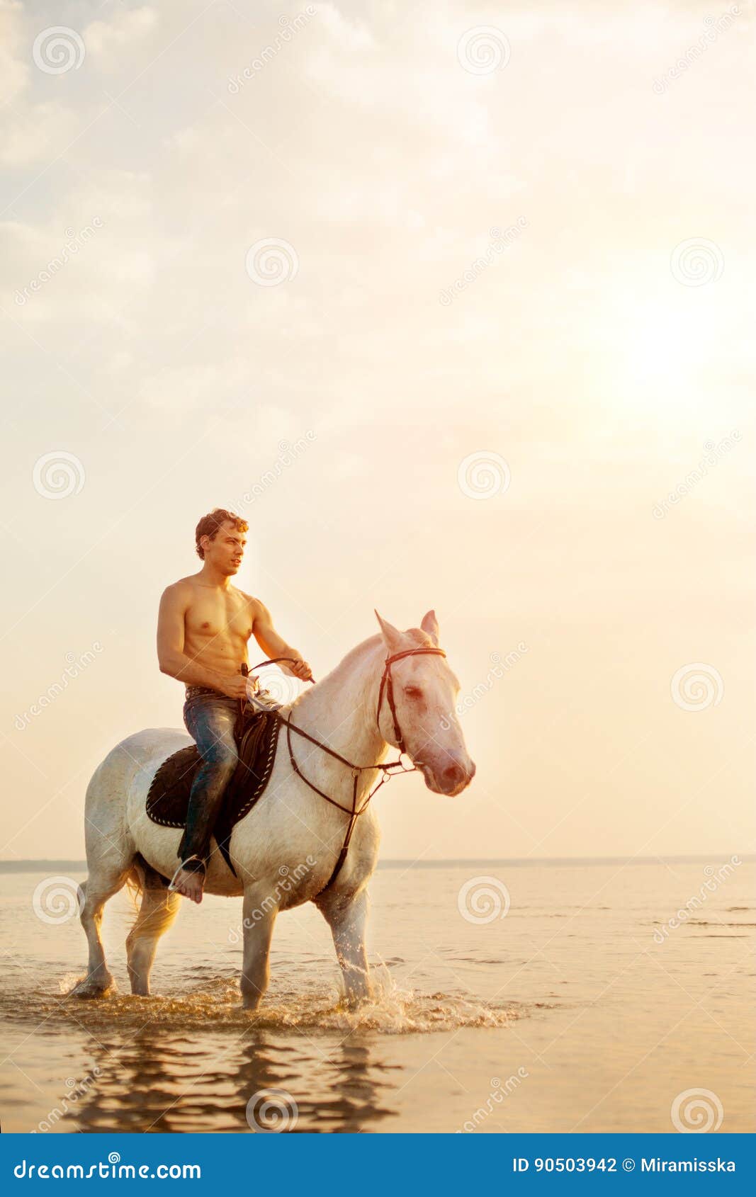 macho man and horse on the background of sky and water. boy mode