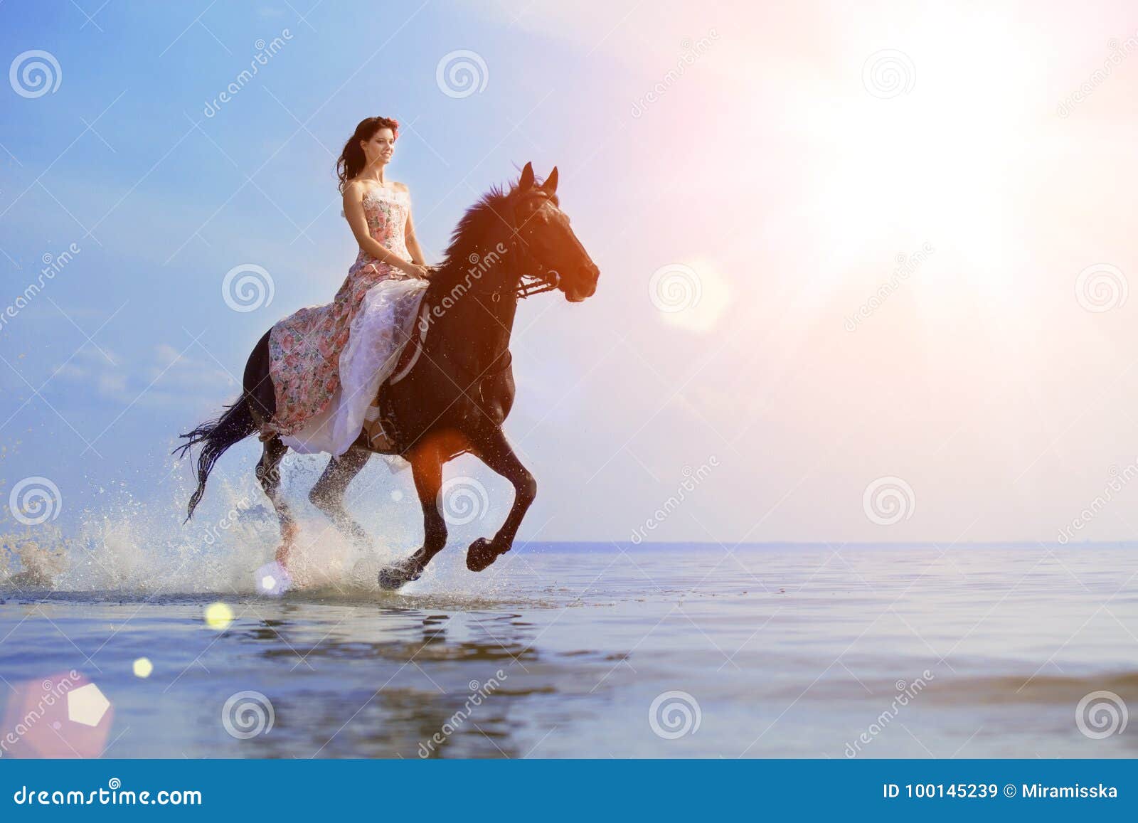 macho man and horse on the background of sky and water. boy mode