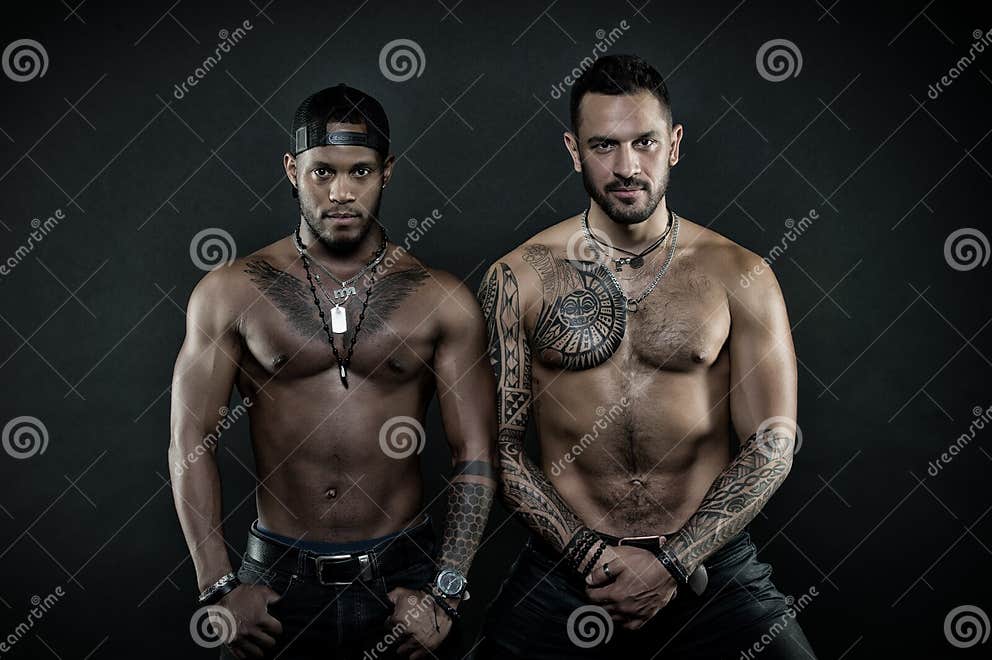 Machos With Muscular Tattooed Torsos Look Attractive Dark Background Guys Sportsmen With 