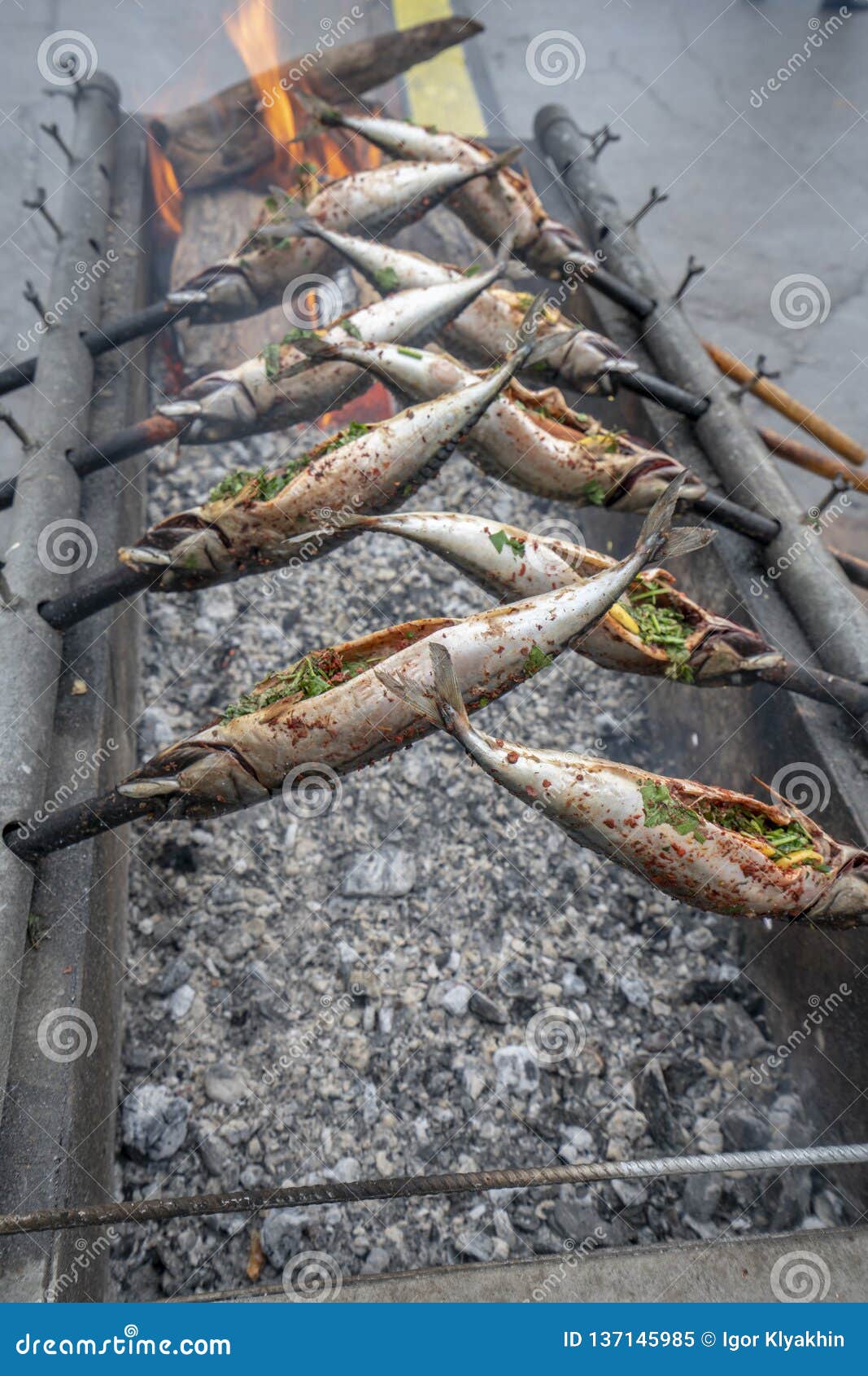 Mackerel, Cooking on the Grill, City Holiday Stock Image Image of