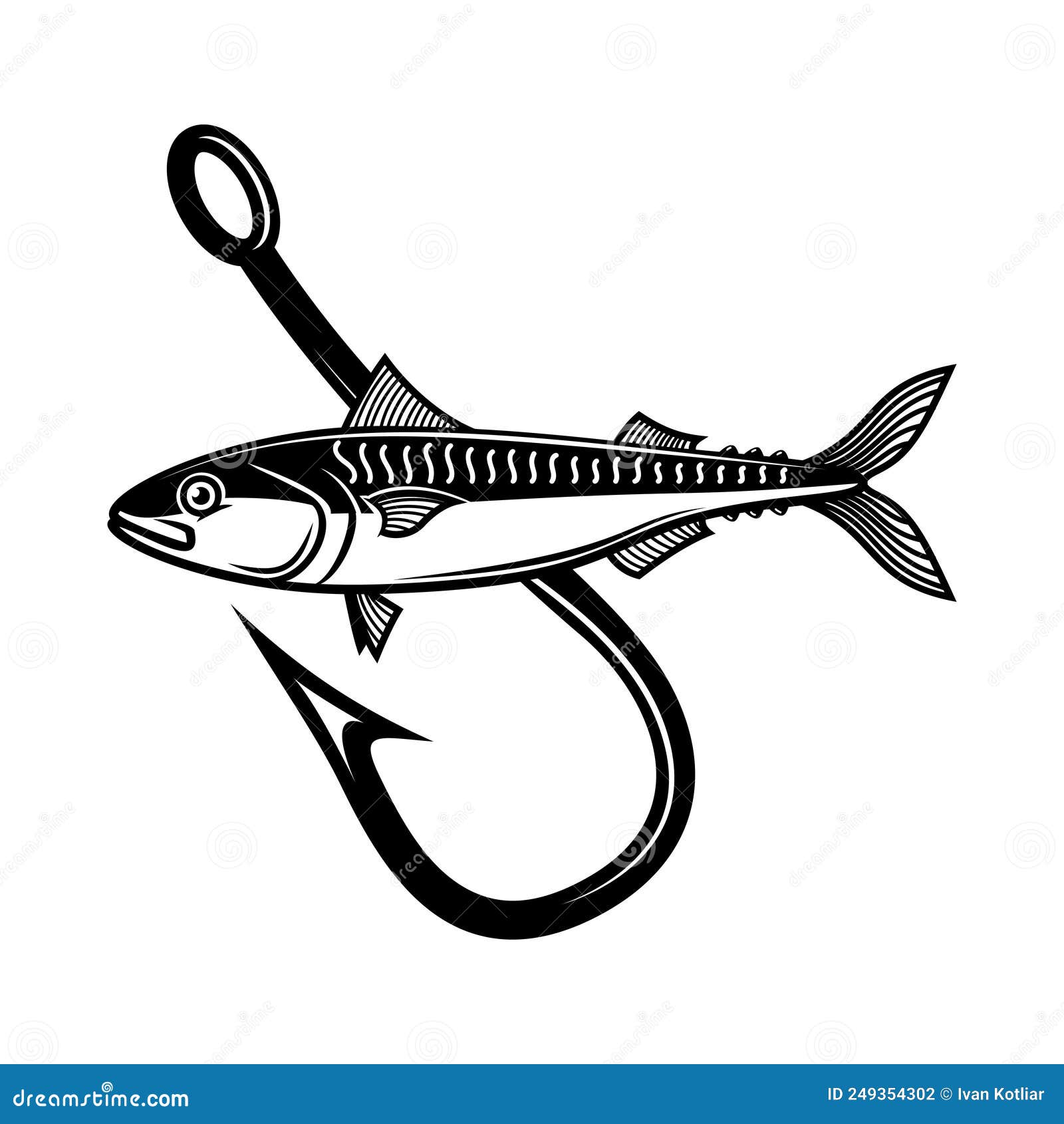 Mackerel Fish and Crossed Fishing Hooks. Design Element for Logo
