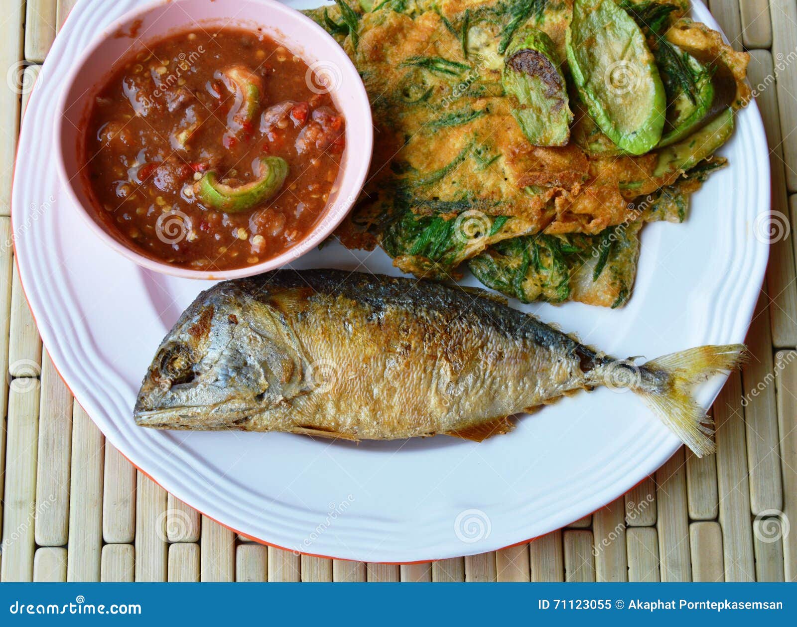 Mackerel and Fried Egg Eat Couple with Shrimp Chili Paste Sauce on Dish Stock Image Image of