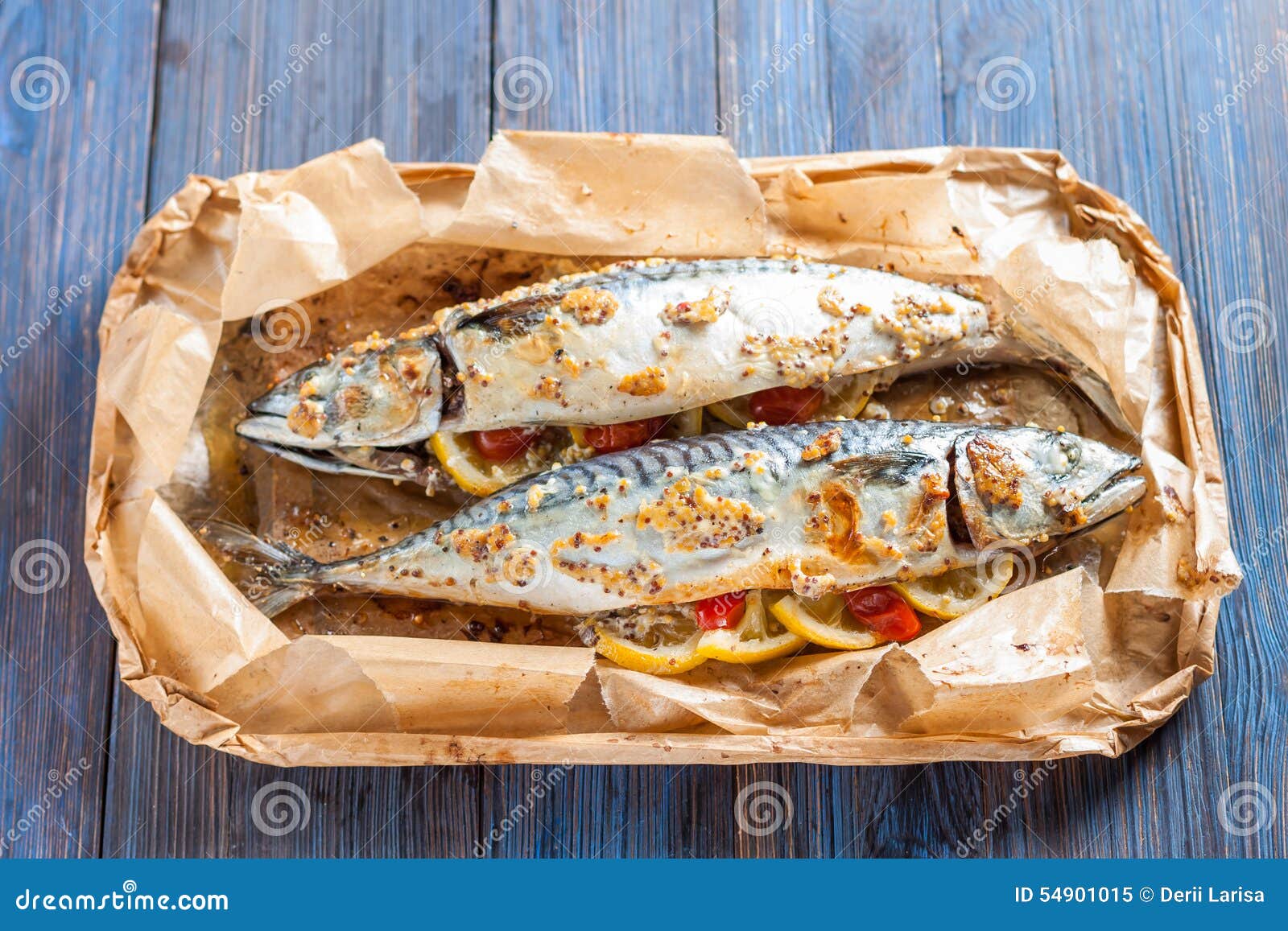 Mackerel in Mustard Sauce with Lemon, Baked in Parchment Stock Image