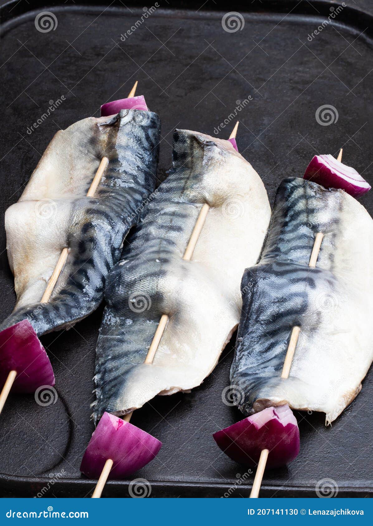 Mackerel and Red Onion on Skewers on Grill Pan Stock Photo Image of