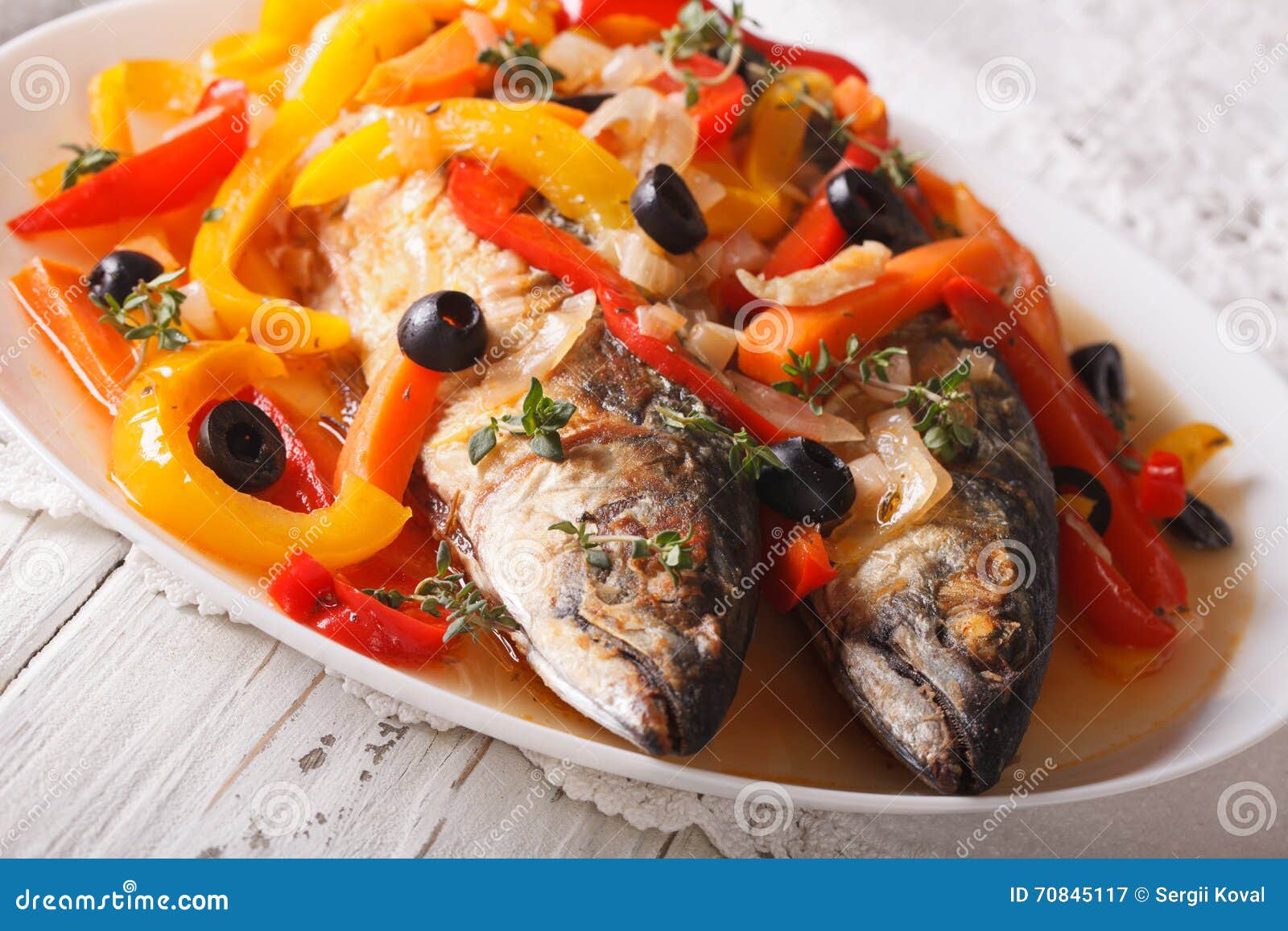 Mackerel in Vegetable Marinade Closeup on the Table. Horizontal Stock