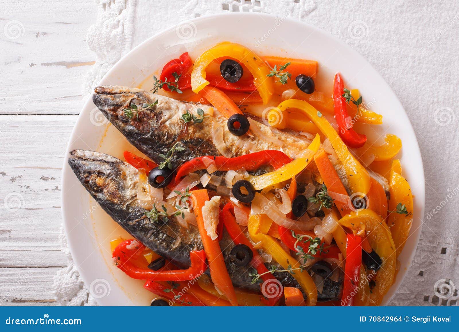 Mackerel in Vegetable Marinade Closeup on the Table. Horizontal Stock