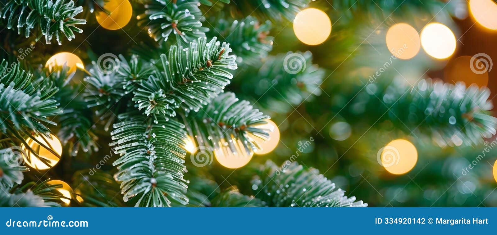 macro background of a christmas tree with lights and snow frost. ai generated