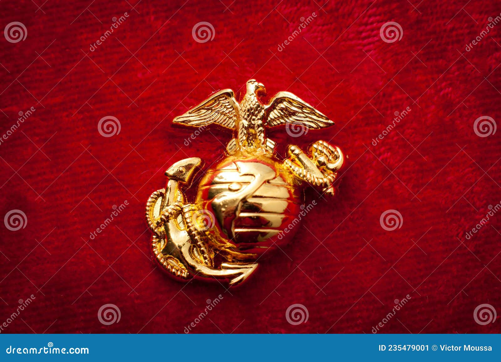 macro image of the us marine corps emblem on red velvet as background and a grungy aesthetic. semper fidelis or semper fi is latin