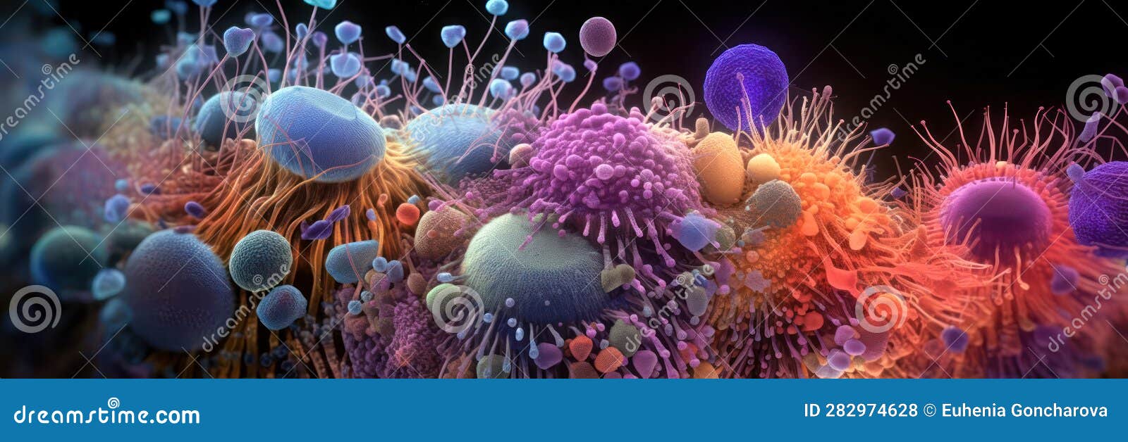 macro image of viruses and bacteria in tissues, colorful vivid background microbiological microlife, macro bokeh depth of field